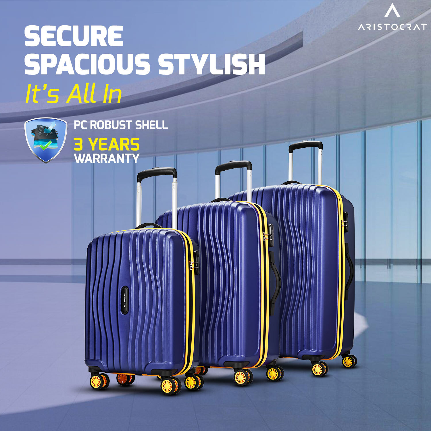 Image of ARISTOCRAT Vortex Plus Set of 3 Trolley Bag (S+M+L) | Hard Luggage with Combination Lock Cabin & Check-in Set 8 Wheels - 30 Inch