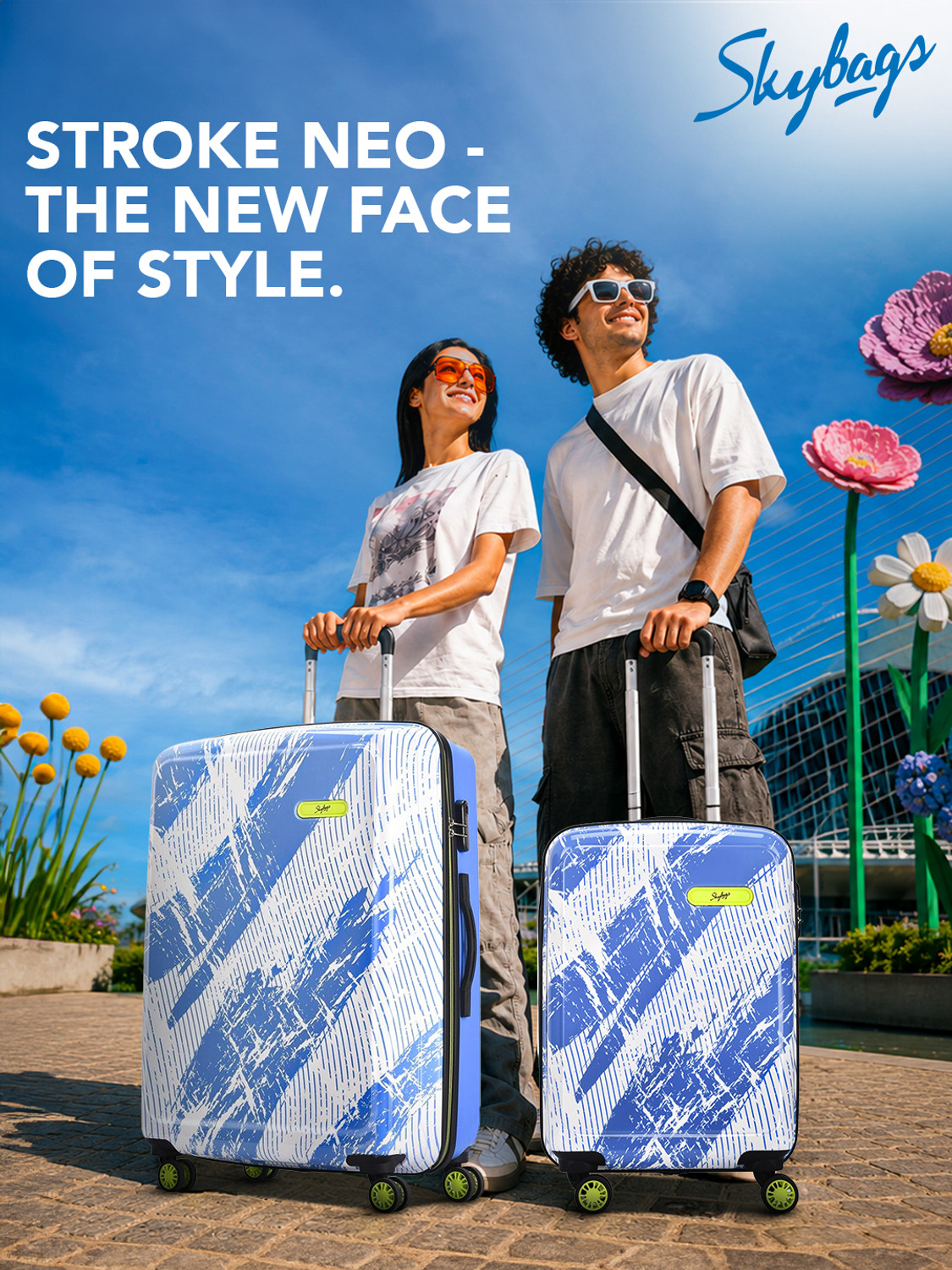 Image of SKYBAGS Stroke Neo Printed Hard Side Trolley Bag Lightweight, Stylish Travel Luggage Cabin Suitcase 8 Wheels - 22 Inch