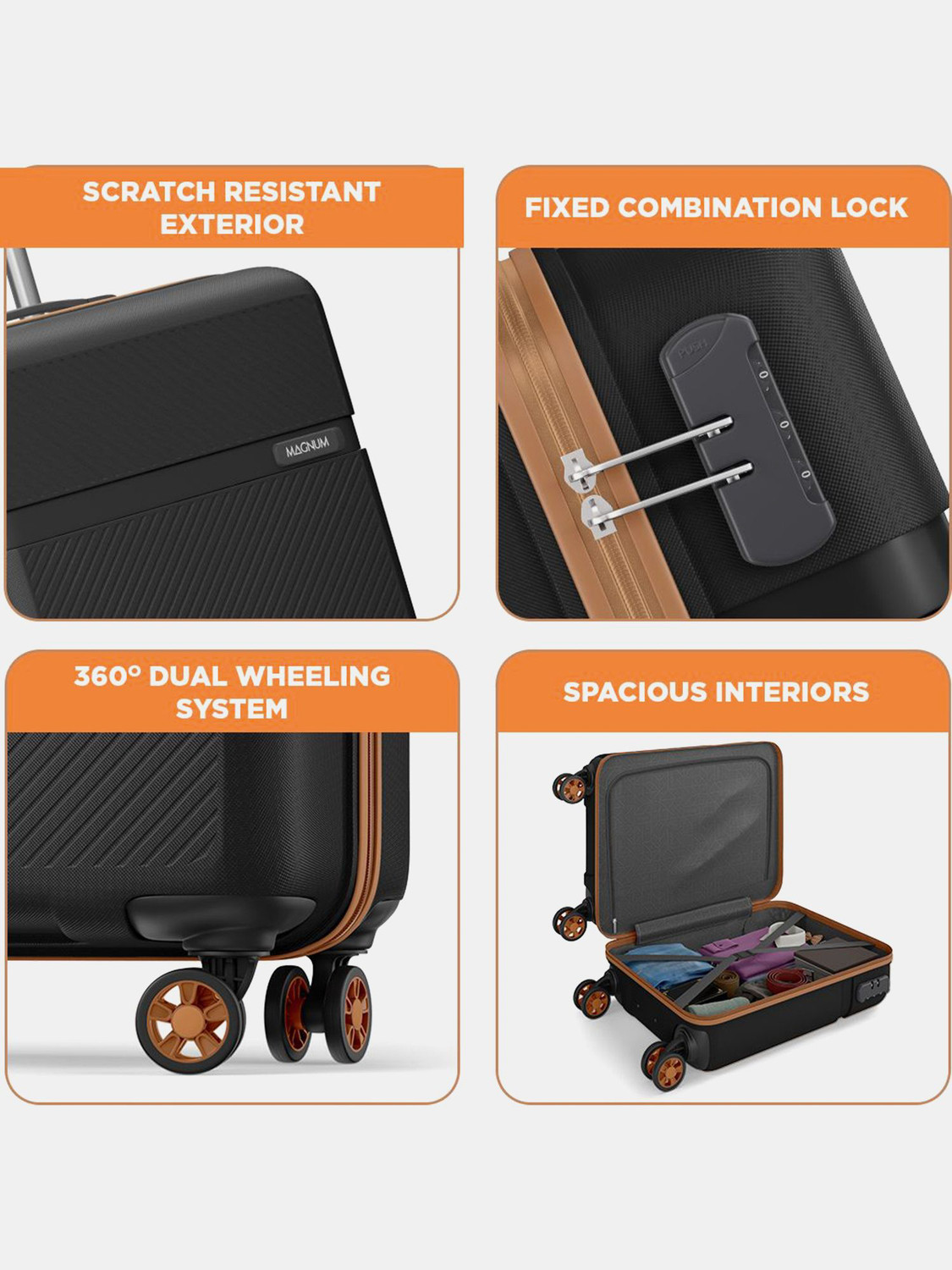 Image of SAFARI Fury 55 4W Black Tan Cabin Suitcase 8 Wheels - 22 Inches