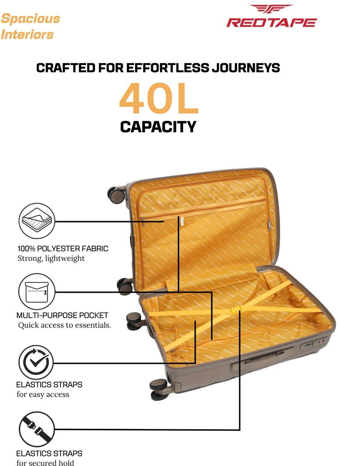 Image of Red Tape Unisex 40L Polycarbonate Hard Small Cabin-in Trolley Bag (56 cm) Cabin Suitcase 8 Wheels - 20 inch