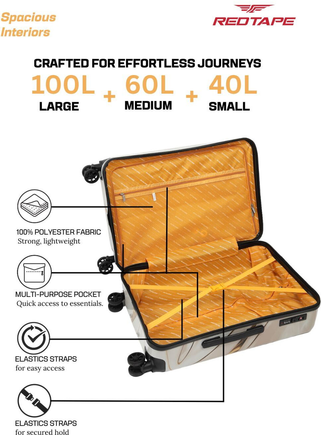 Image of Red Tape Unisex Polycarbonate Hard Trolley Bag (Large 76 cm + Medium 66 cm + Small 56 cm) Cabin & Check-in Set 8 Wheels - 28 inch