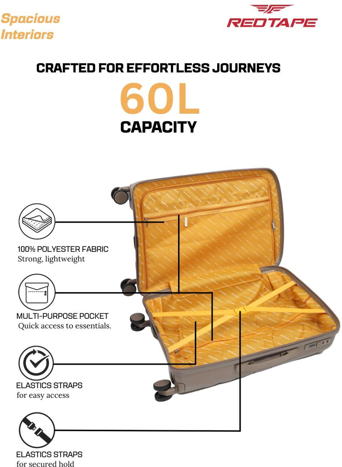 Image of Red Tape Unisex 60L Polycarbonate Hard Medium Check-in Trolley Bag (66 cm) Check-in Suitcase 8 Wheels - 24 inch