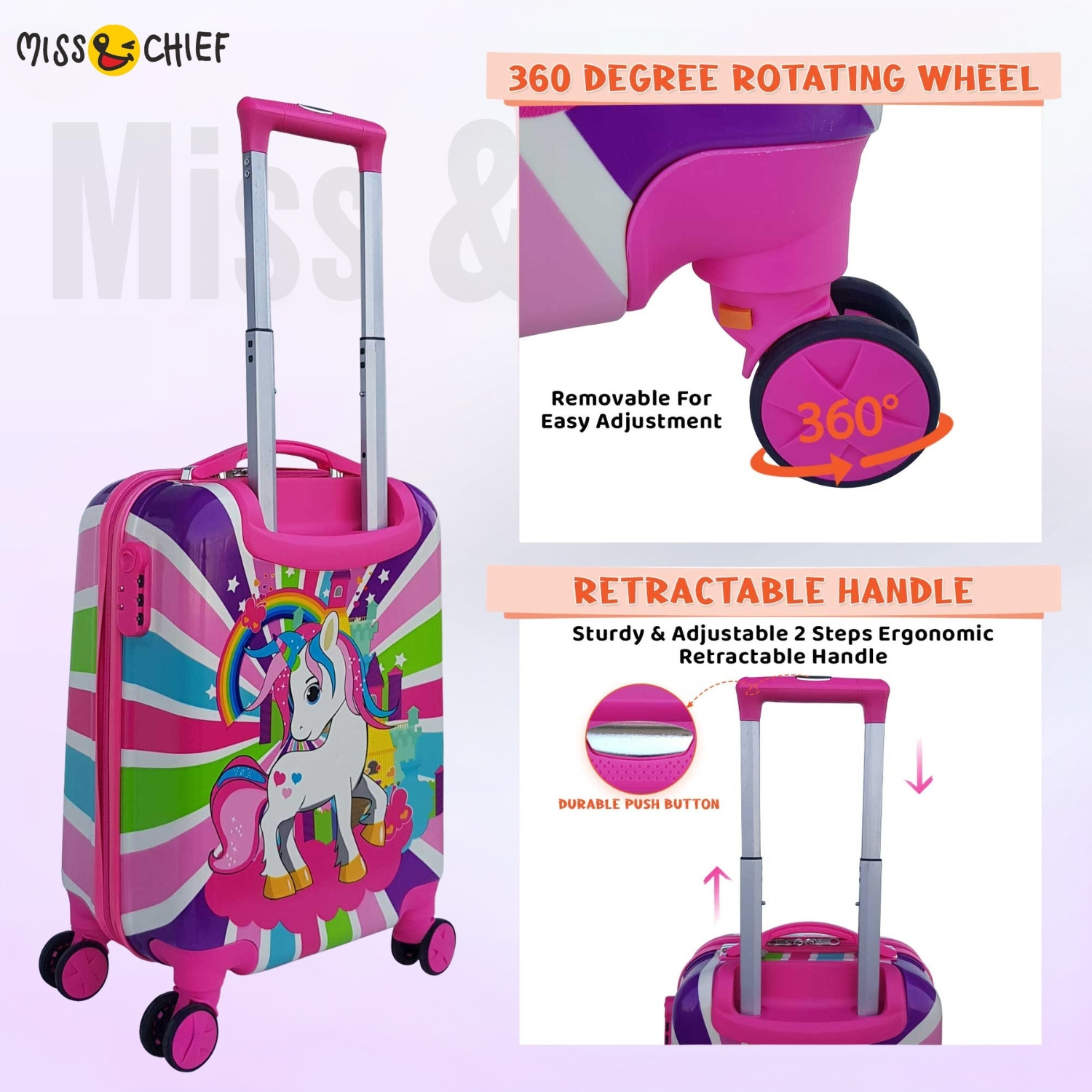Image of Miss & Chief ABS Hard Shell Cartoon Print Kids Travel Trolley Bag With 360 spinner wheels Cabin Suitcase 8 Wheels - 20 inch