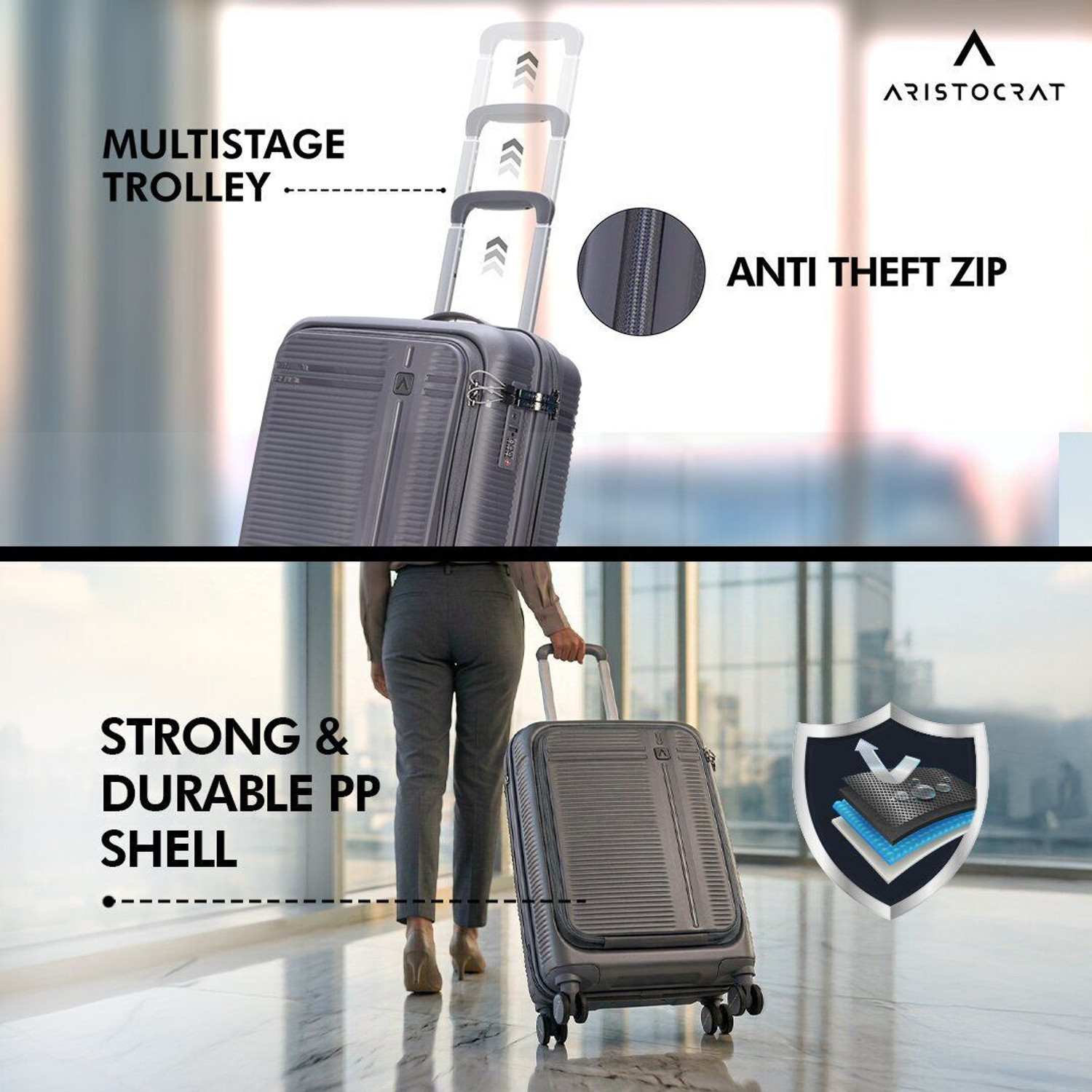 Image of ARISTOCRAT Solana Cabin Trolley Bag | Hard Luggage with Laptop Compartment & TSA Lock Cabin Suitcase 8 Wheels - 21 inch