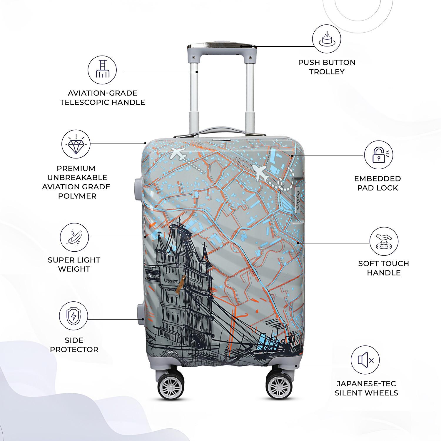 Image of Unplug Hard-Sided Polypropylene Suitcase Travel Trolley Bag Cabin Luggage Cabin Suitcase 8 Wheels - 20 inch