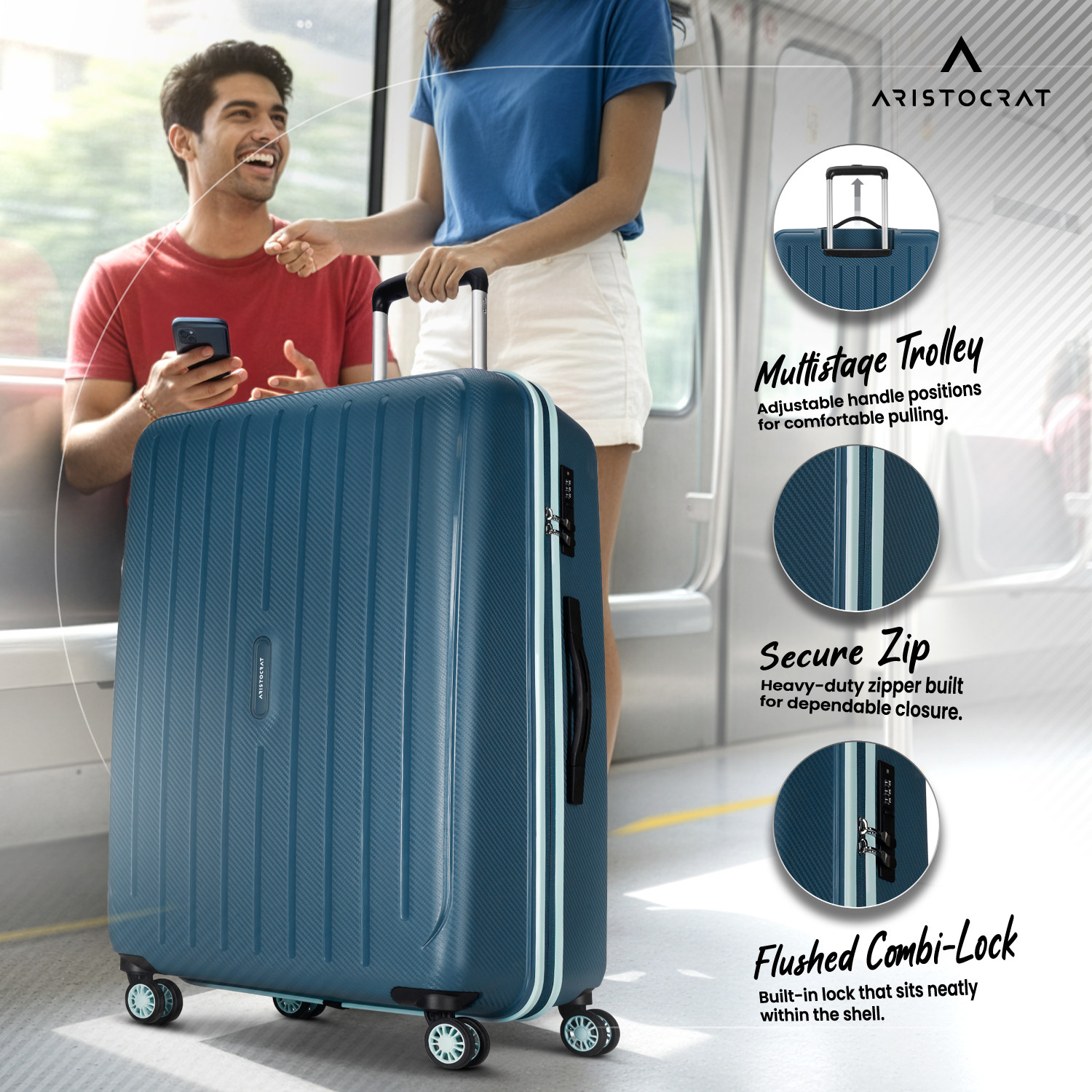Image of ARISTOCRAT Photon Max Hard Side Luggage | Trolley Bag With Flushed Combination Lock Cabin & Check-in Set 4 Wheels - 30 Inch