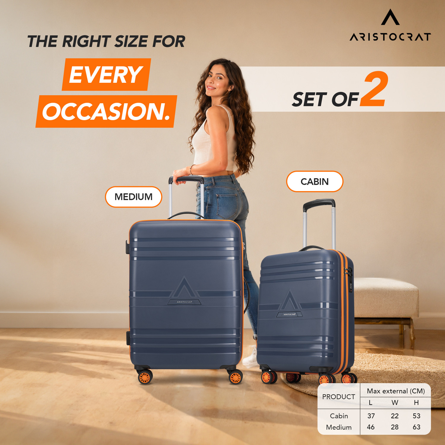 Image of ARISTOCRAT Airstop Max Hard Side Luggage | Trolley Bag With Flushed Combination Lock Cabin & Check-in Set 4 Wheels - 25 Inch