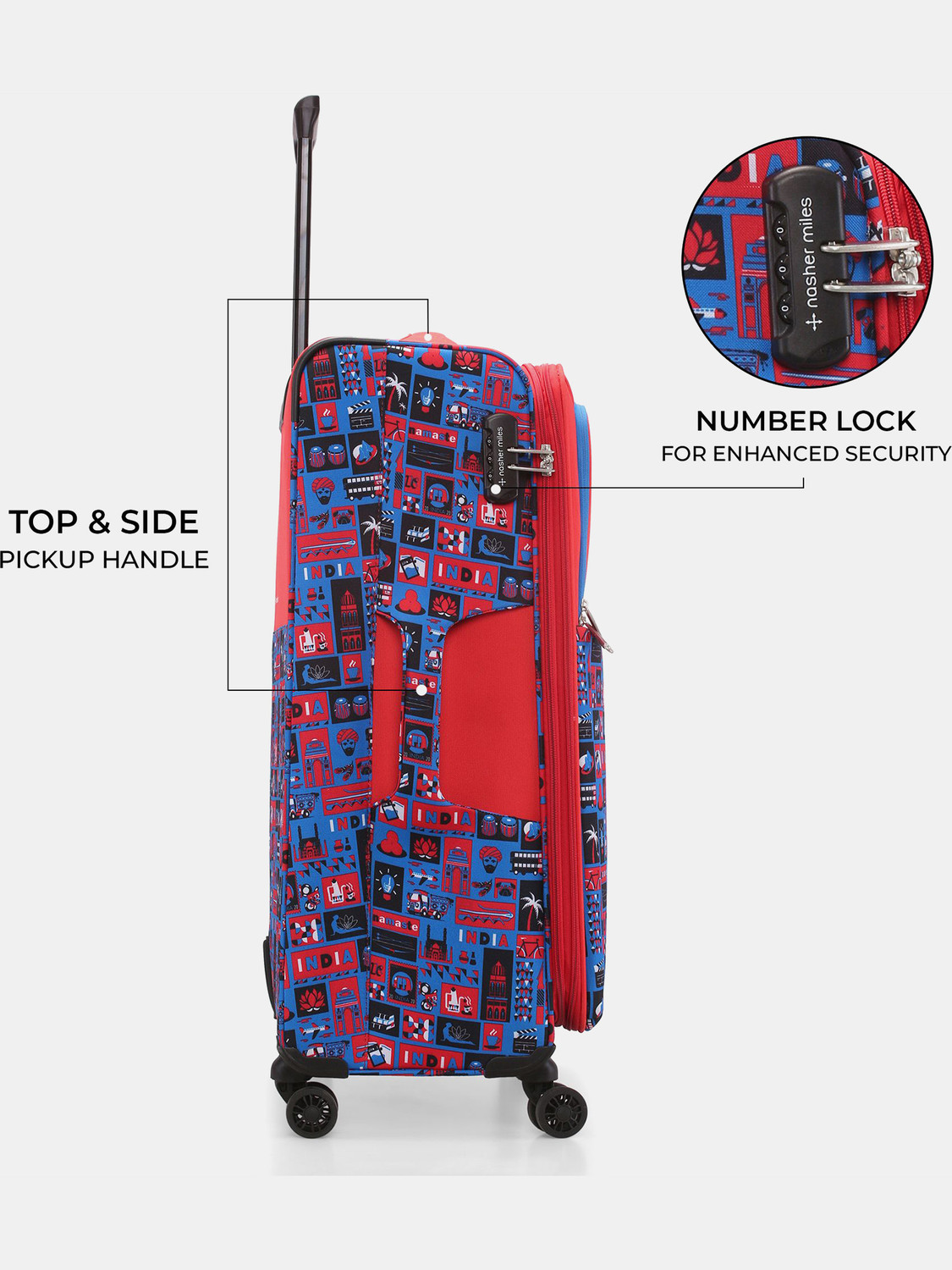 Image of NASHER MILES India Polyester Luggage Set of 3 Printed Trolley Bags (55, 65 & 75cm) Expandable Cabin & Check-in Set 8 Wheels - 28 Inch