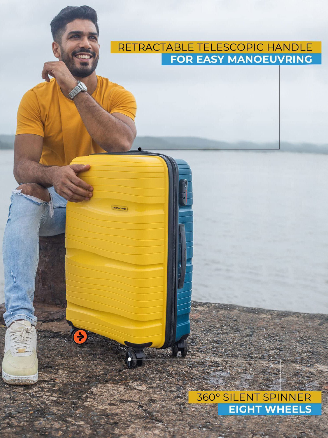 Image of NASHER MILES Nicobar Hard-Sided Dual Tone Luggage Set of 3 YellowandNavyBlue(55, 65 & 75 cm) Check-in Suitcase 8 Wheels - 28 inch