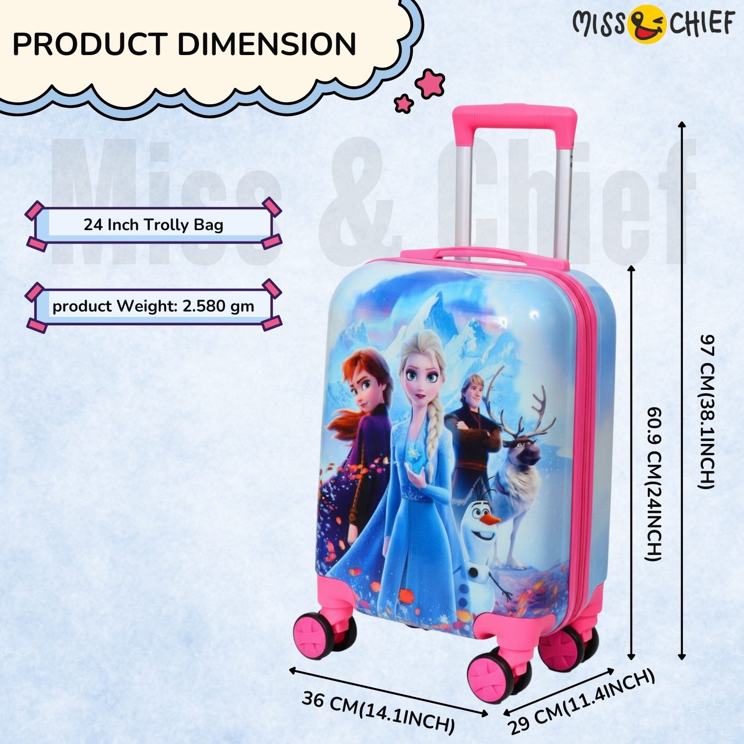 Image of Miss & Chief ABS Hard Shell Cartoon Print Kids Travel Trolley Bag With 360 spinner wheels Check-in Suitcase 4 Wheels - 24 inch