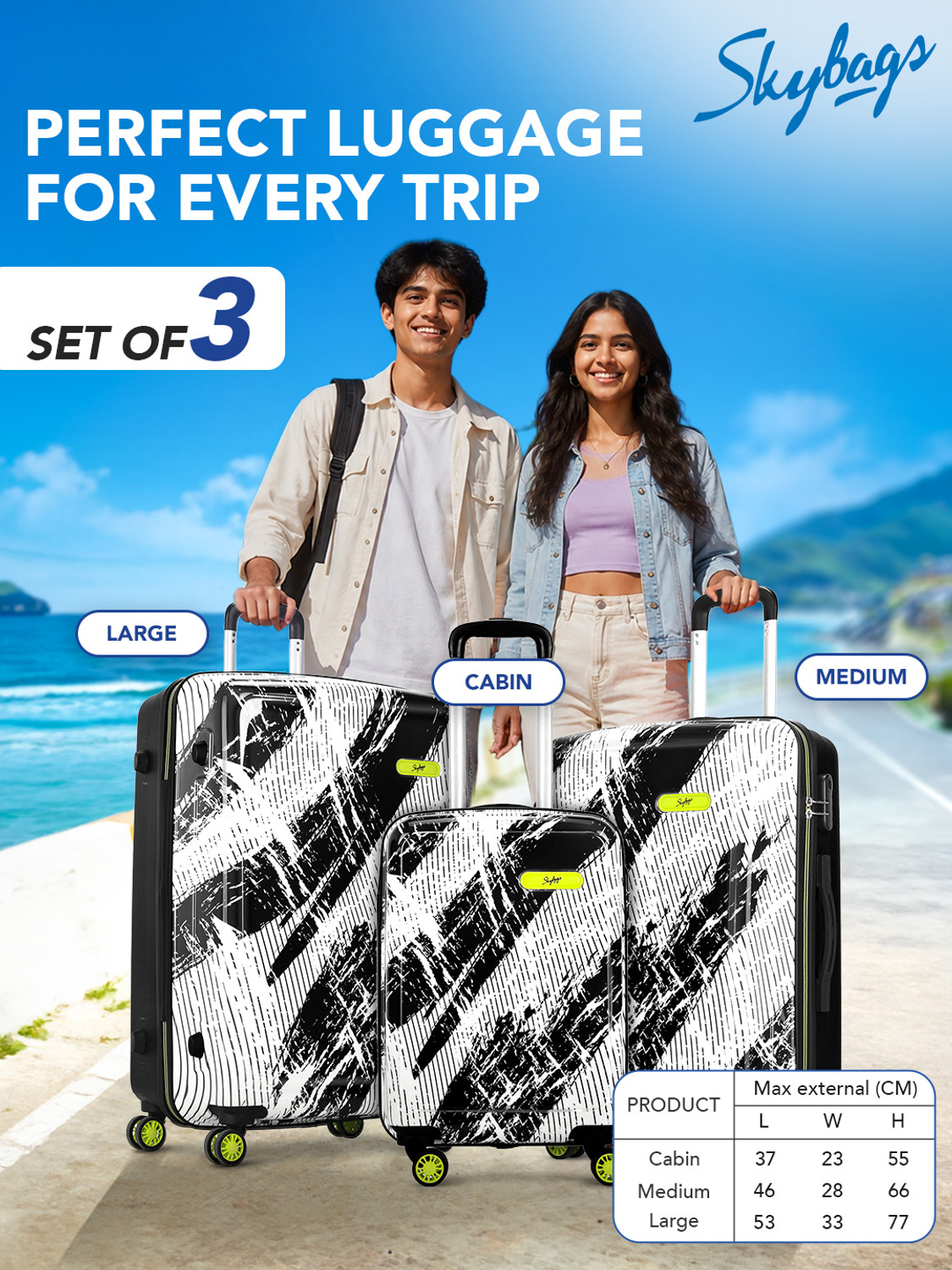 Image of SKYBAGS Stroke Neo Printed Hard Side Trolley Bag Lightweight, Stylish Travel Luggage Cabin & Check-in Set 8 Wheels - 30 Inch