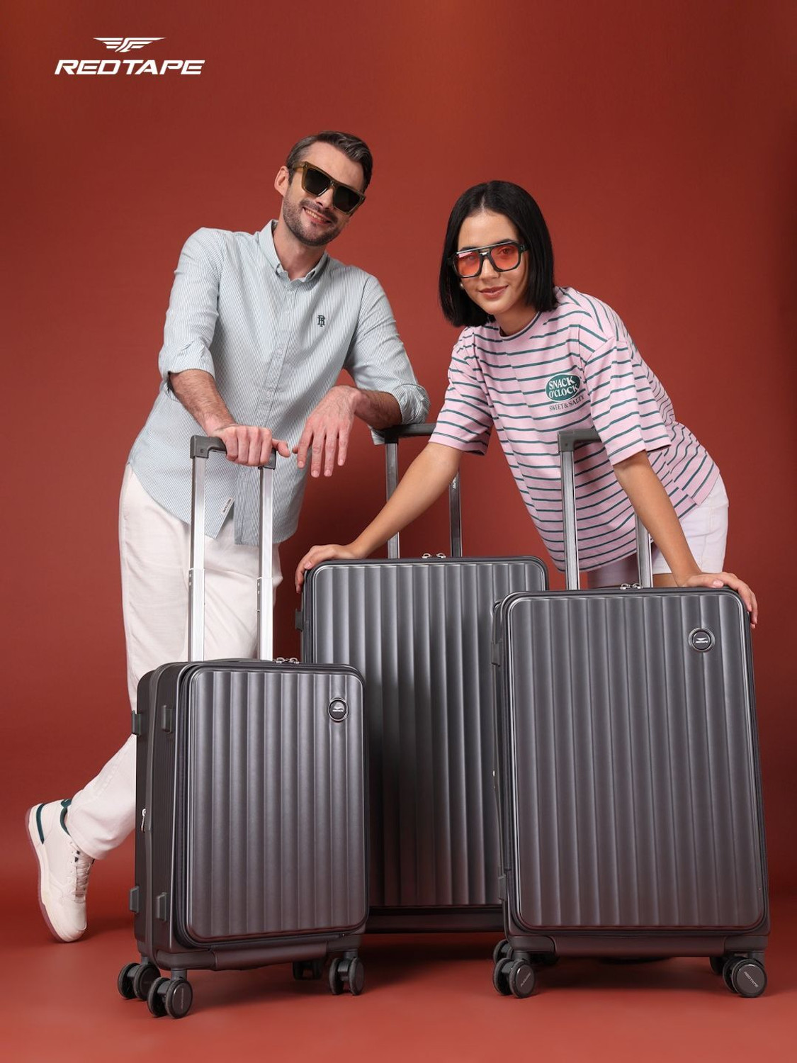 Image of Red Tape Hard Body Set of 3 Luggage 8 Wheels - Unisex Combo 3 Set-Large Medium & Laptop Front-Open Cabin Suitcase - Grey