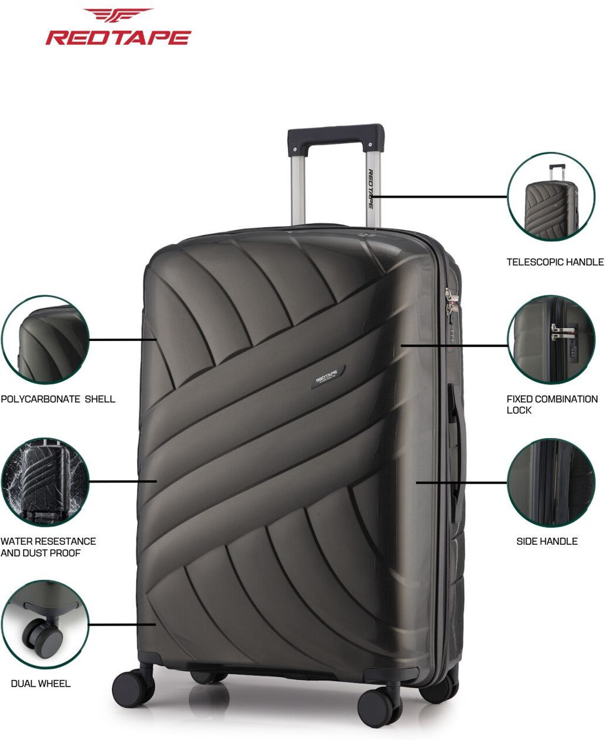 Image of Red Tape Unisex Polycarbonate Hard Trolley Bag Set of 2 (Medium 66 cm + Small 56 cm) Cabin & Check-in Set 8 Wheels - 24 inch