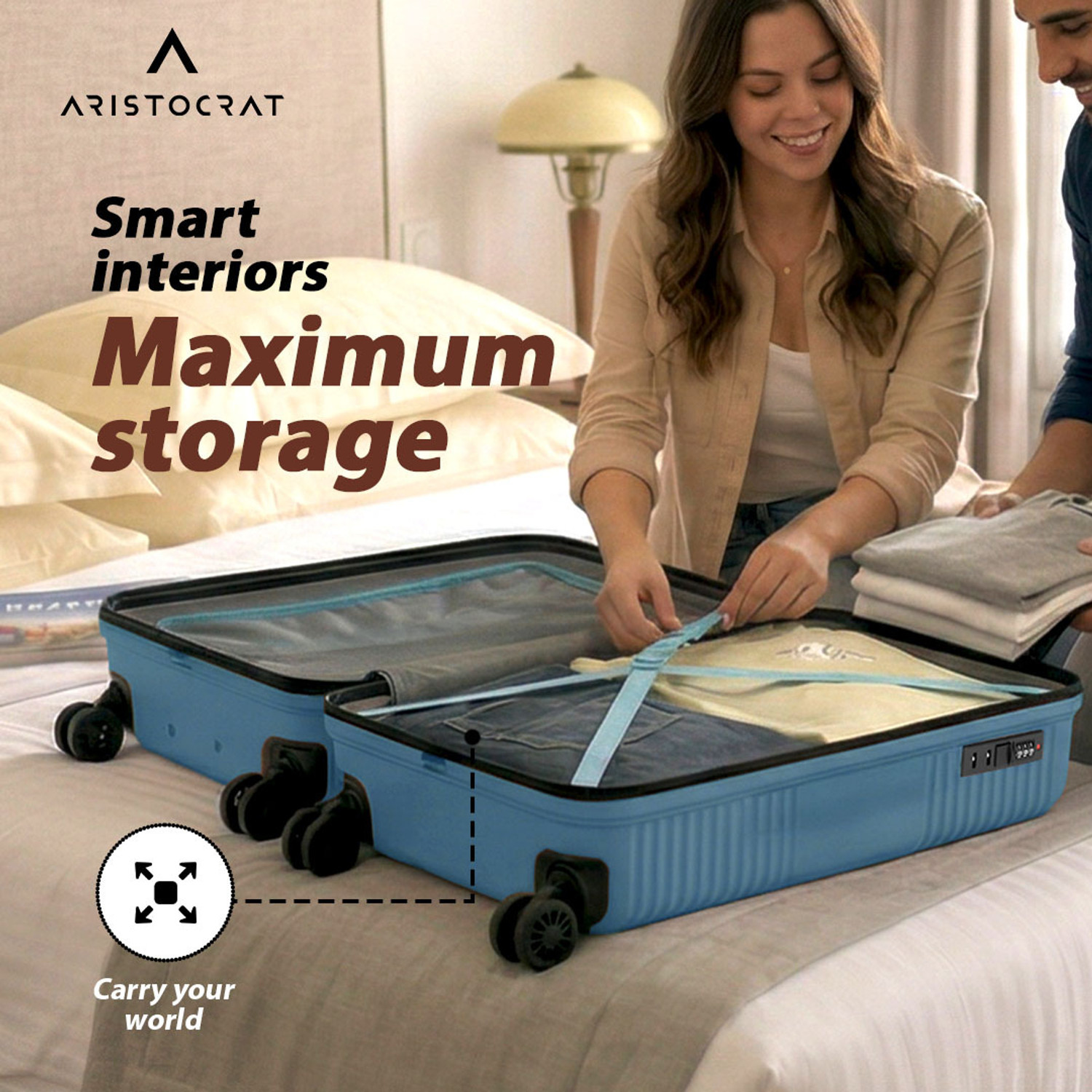 Image of ARISTOCRAT Crystal Set of 2 Trolley Bag | Hard Luggage with Flushed Combination Lock Cabin & Check-in Set 8 Wheels - 26 Inch