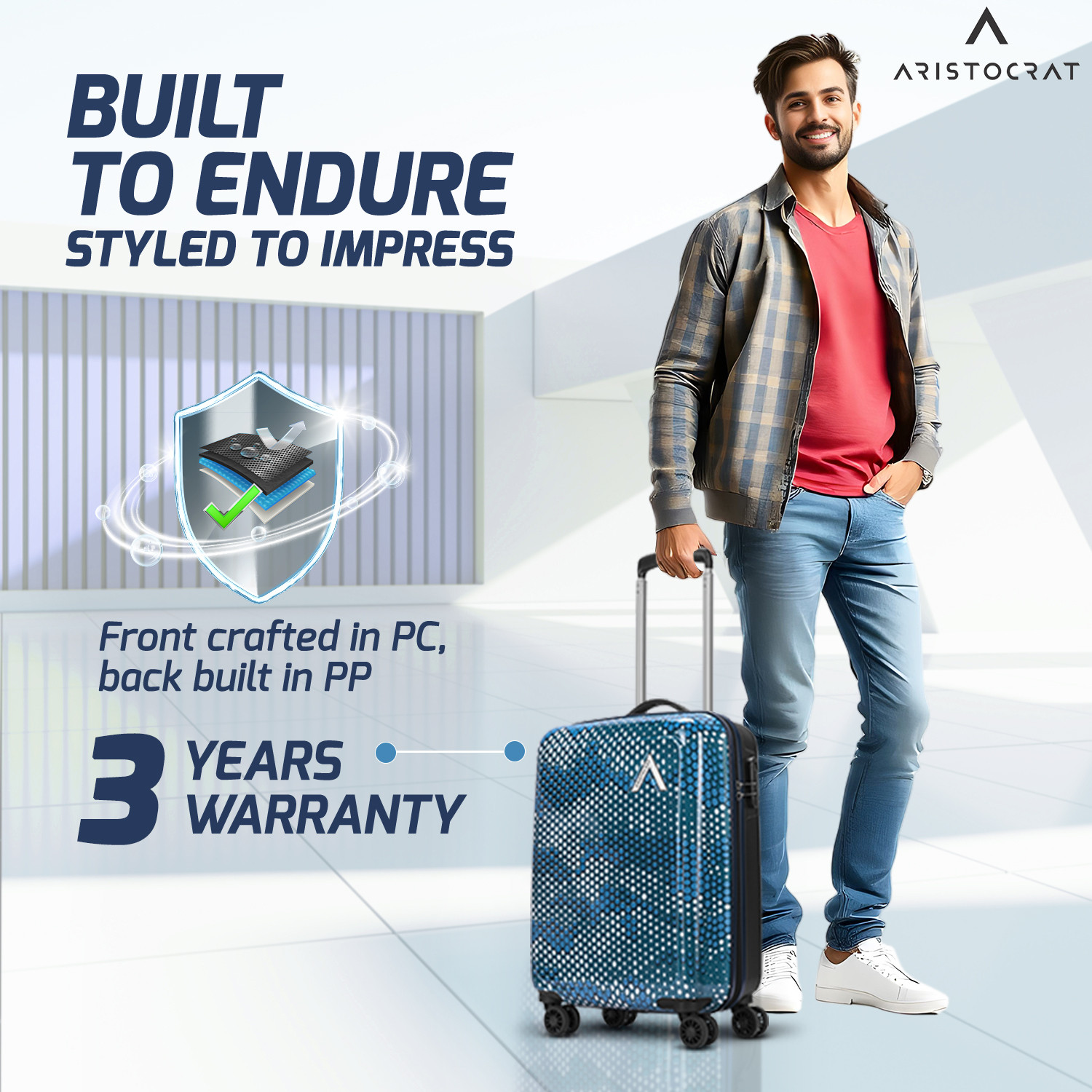 Image of ARISTOCRAT Combat Cabin Trolley Bag | Hard Luggage | Combination Lock with Sturdy Zipper Cabin Suitcase 8 Wheels - 21 Inch