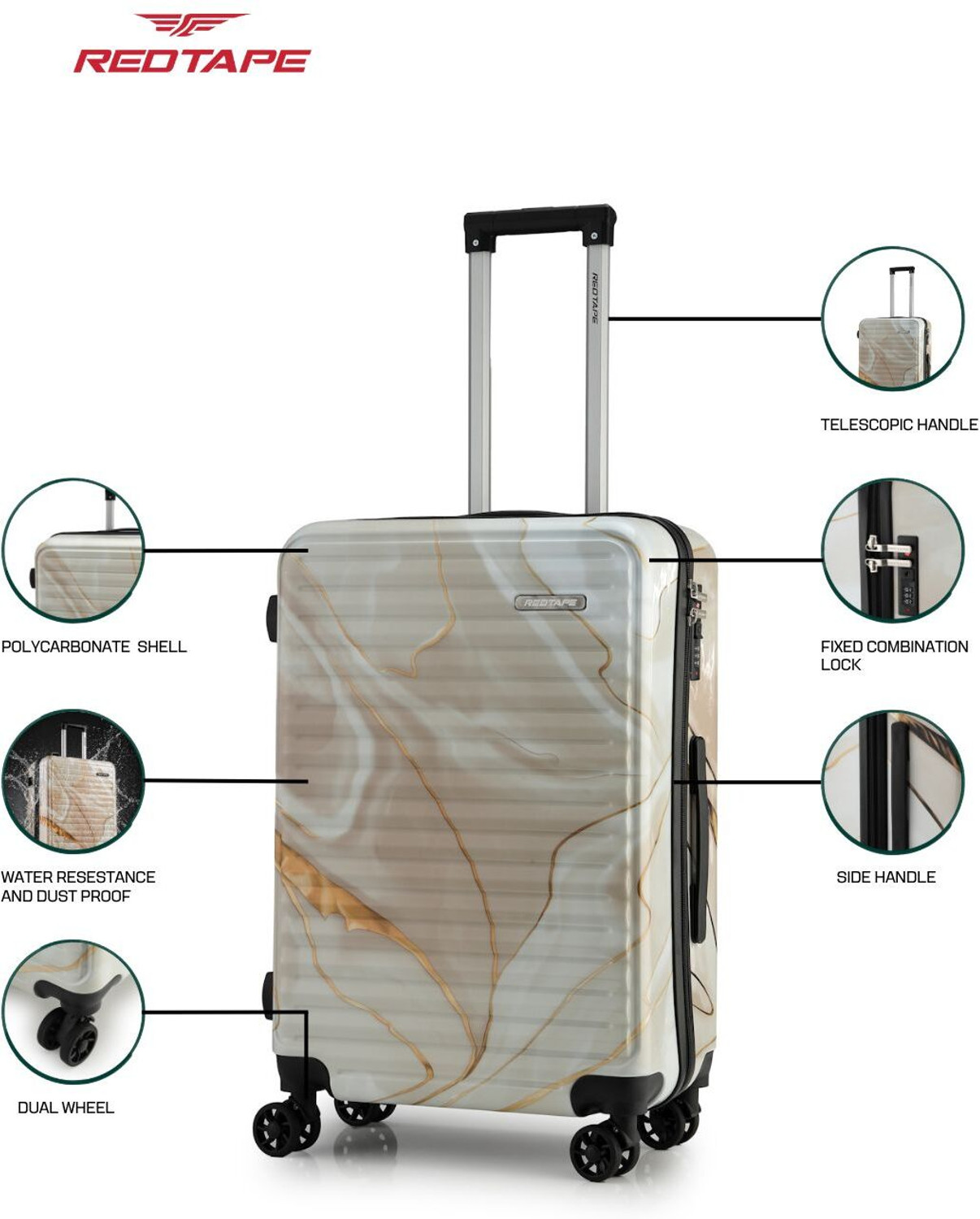 Image of Red Tape Unisex Polycarbonate Hard Trolley Bag (Large 76 cm + Medium 66 cm + Small 56 cm) Cabin & Check-in Set 8 Wheels - 28 inch