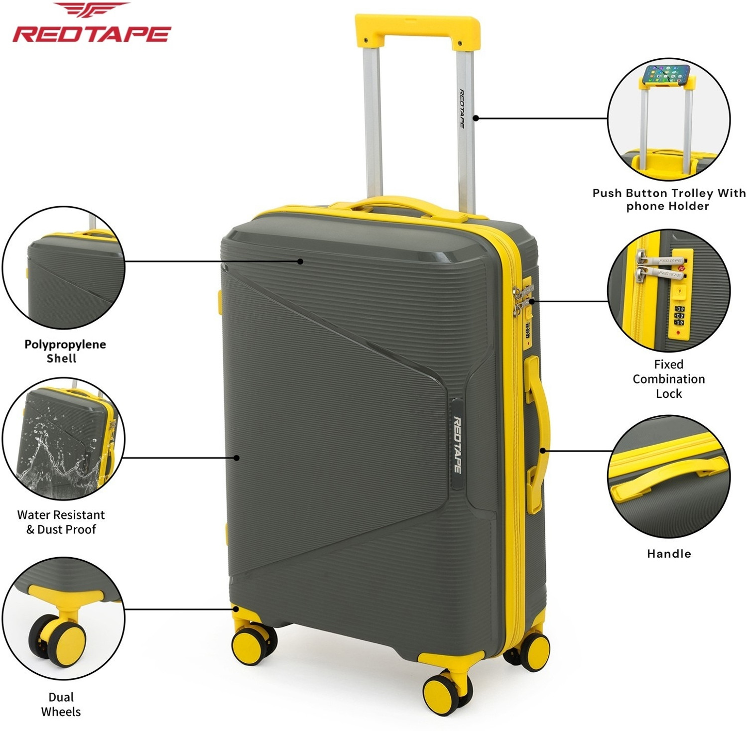 Image of Red Tape Unisex 100L Polypropylene Hard Trolley Bag With Mobile Holder Check-in Suitcase 8 Wheels - 28 inch