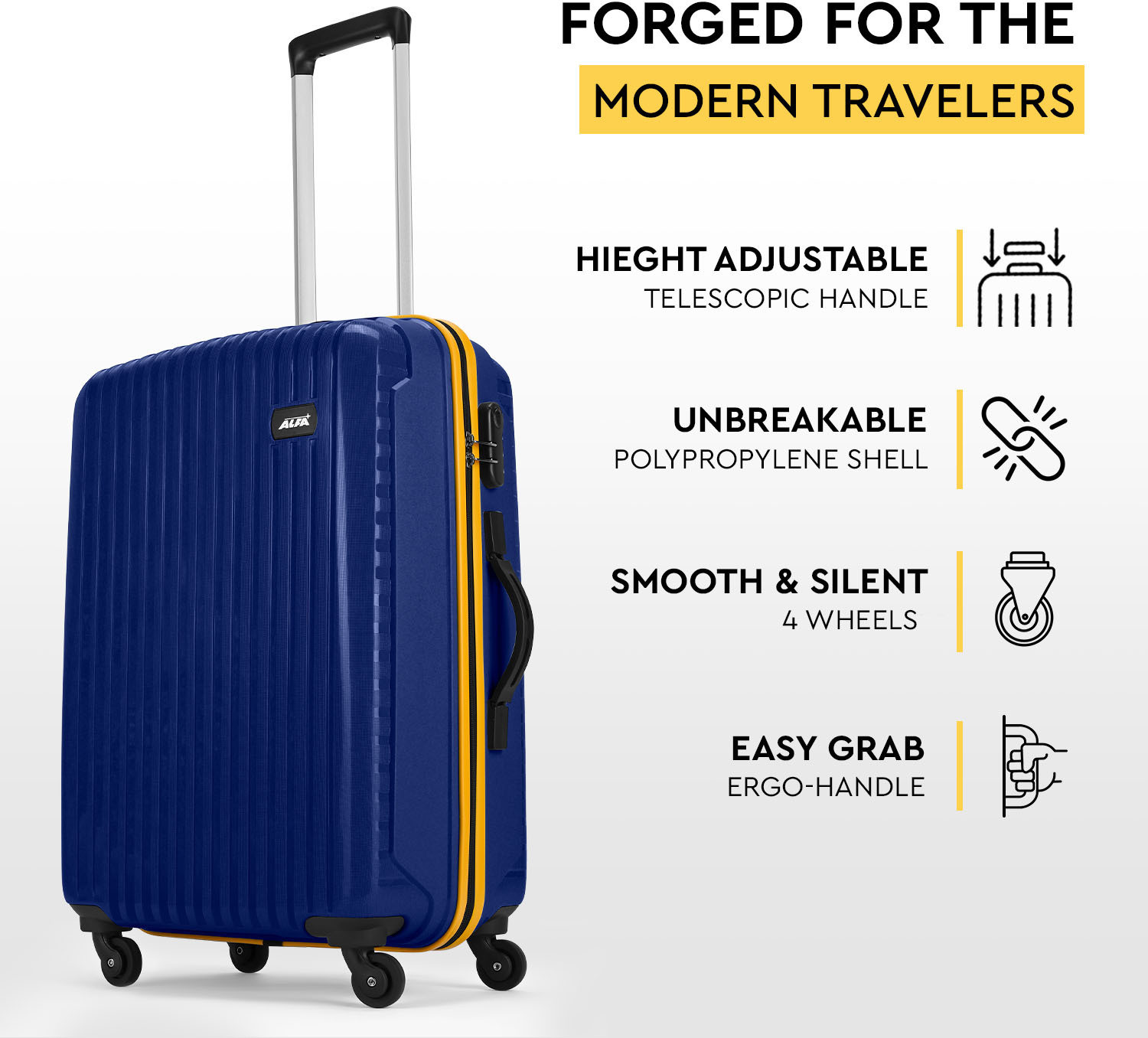 Image of ALFA by VIP Excel Polypropylene | Trolley Bag With Combination Lock Check-in Suitcase 8 Wheels - 30 Inch