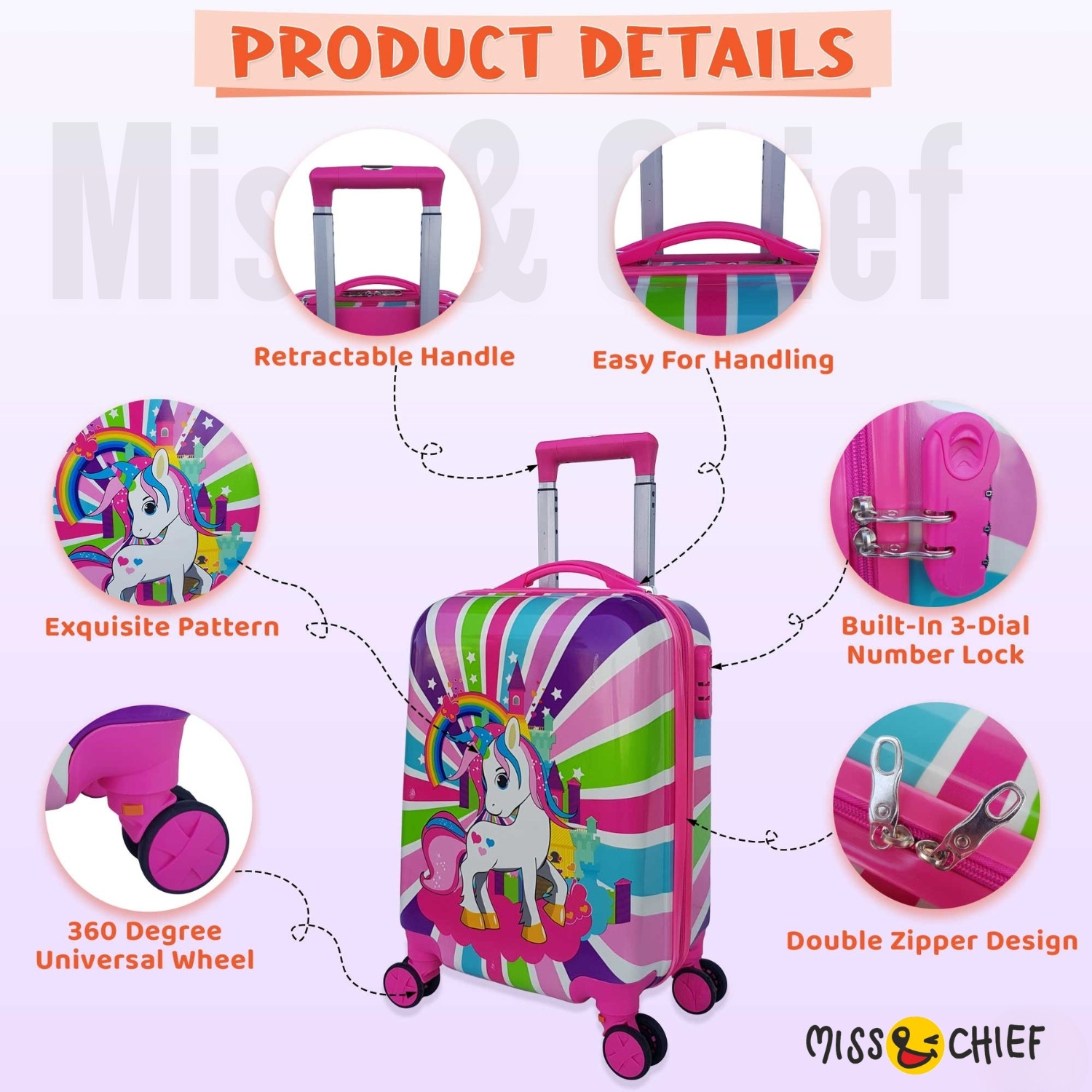 Image of Miss & Chief ABS Hard Shell Cartoon Print Kids Travel Trolley Bag With 360 spinner wheels Cabin Suitcase 8 Wheels - 20 inch