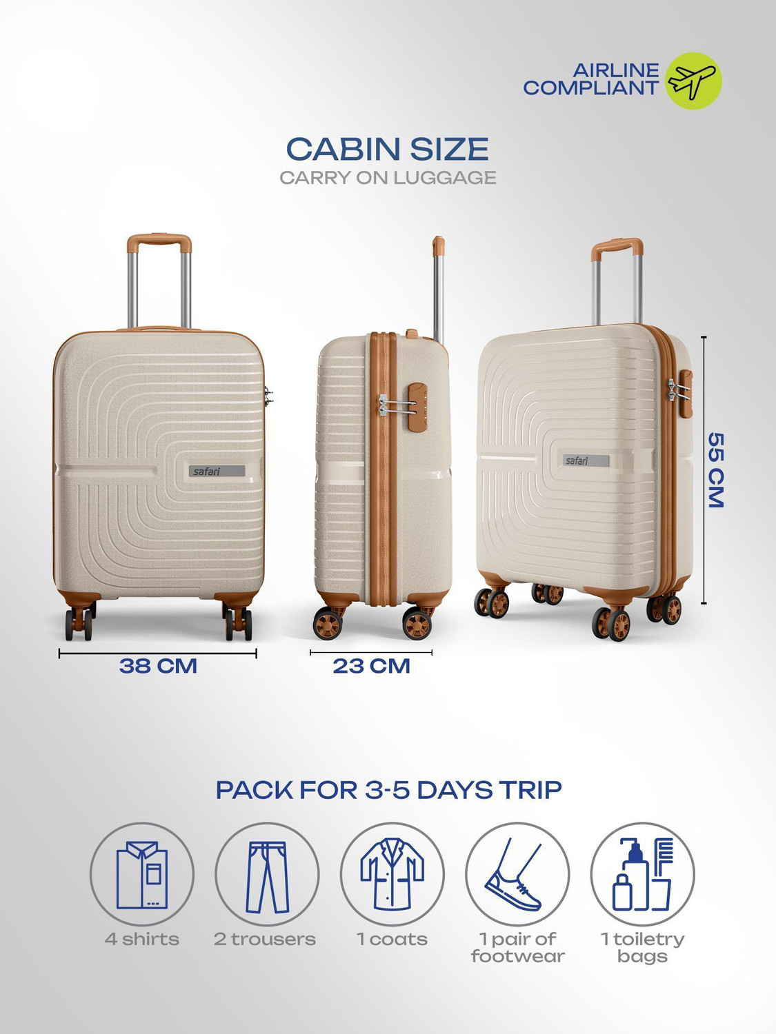 Image of SAFARI Eclipse Neo 55 4W Luxury Beige Cabin Suitcase 8 Wheels - 22 Inches