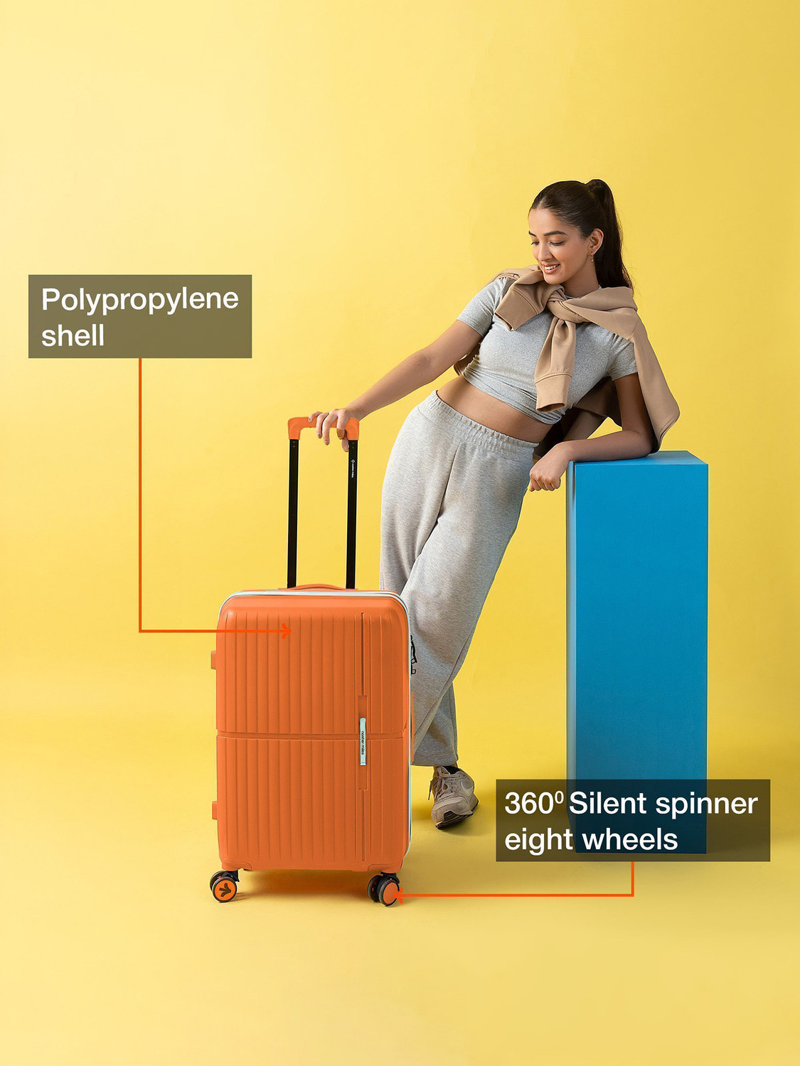 Image of NASHER MILES Springfield HardSide Polypropylene Luggage Set of 2 Orange Trolley Bag(55&65cm) Cabin & Check-in Set 8 Wheels - 24 inch
