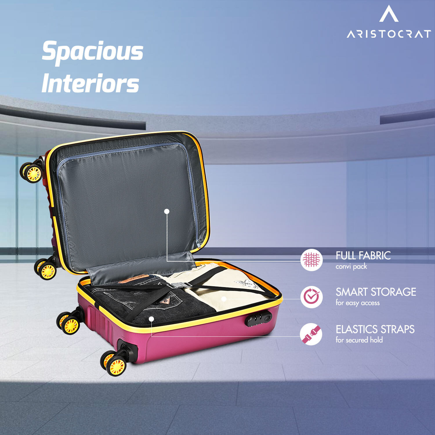 Image of ARISTOCRAT Vortex Plus Cabin Trolley Bag | Small Hard Luggage with Combination Lock Cabin Suitcase 8 Wheels - 22 Inch