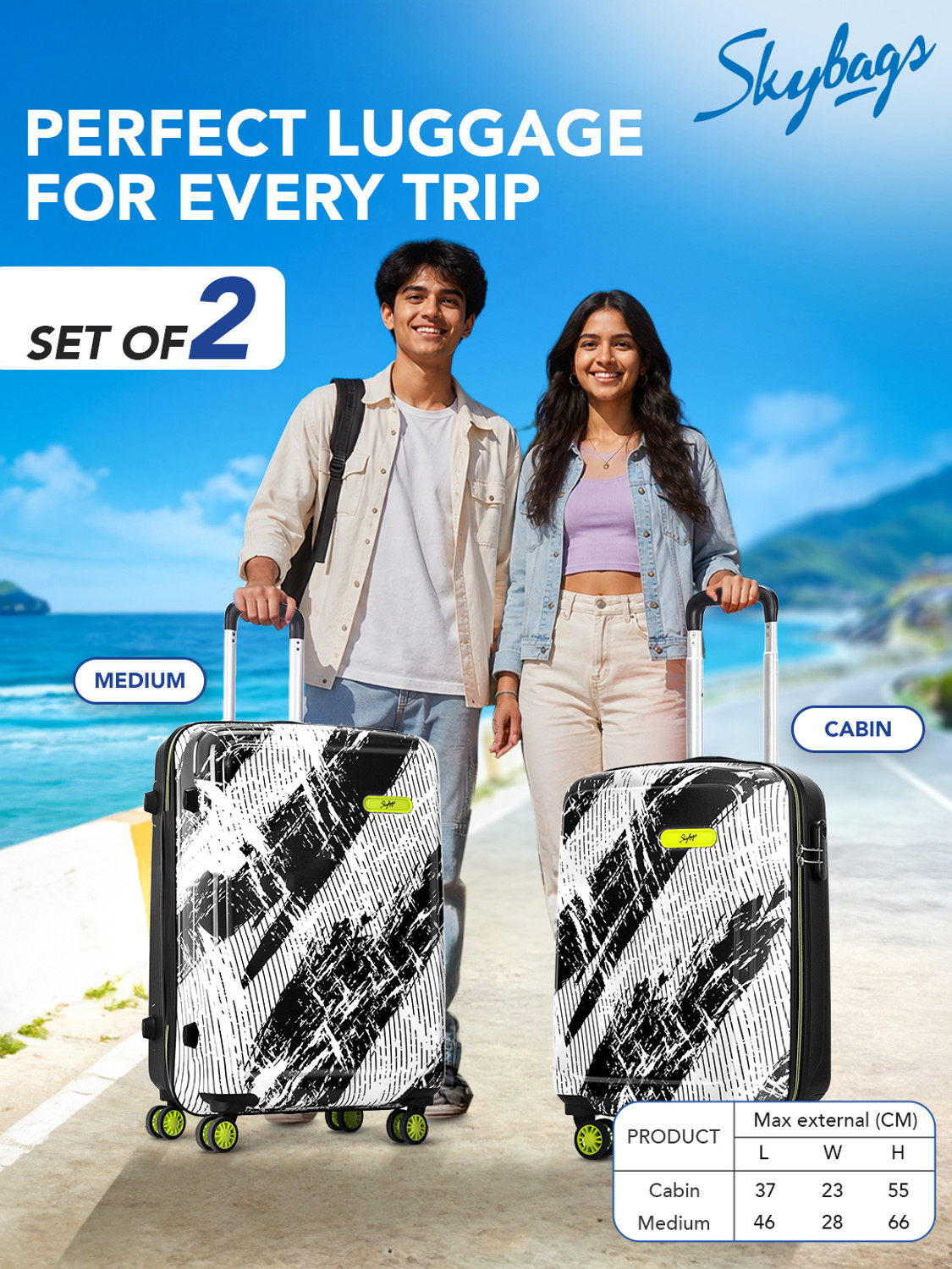 Image of SKYBAGS Stroke Neo Printed Hard Side Trolley Bag Lightweight, Stylish Travel Luggage Cabin & Check-in Set 8 Wheels - 26 Inch