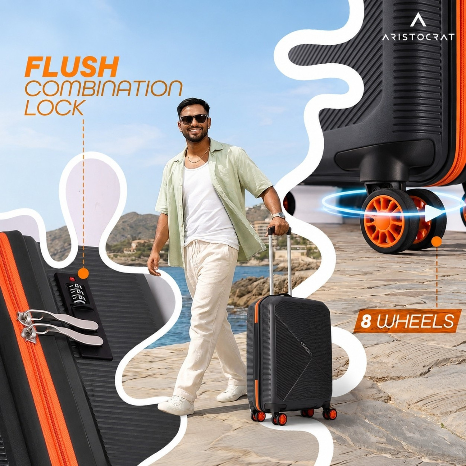 Image of ARISTOCRAT Apex Hard Side Polypropylene Luggage | Trolley Bag with Combination Lock Cabin & Check-in Set 8 Wheels - 27 Inch