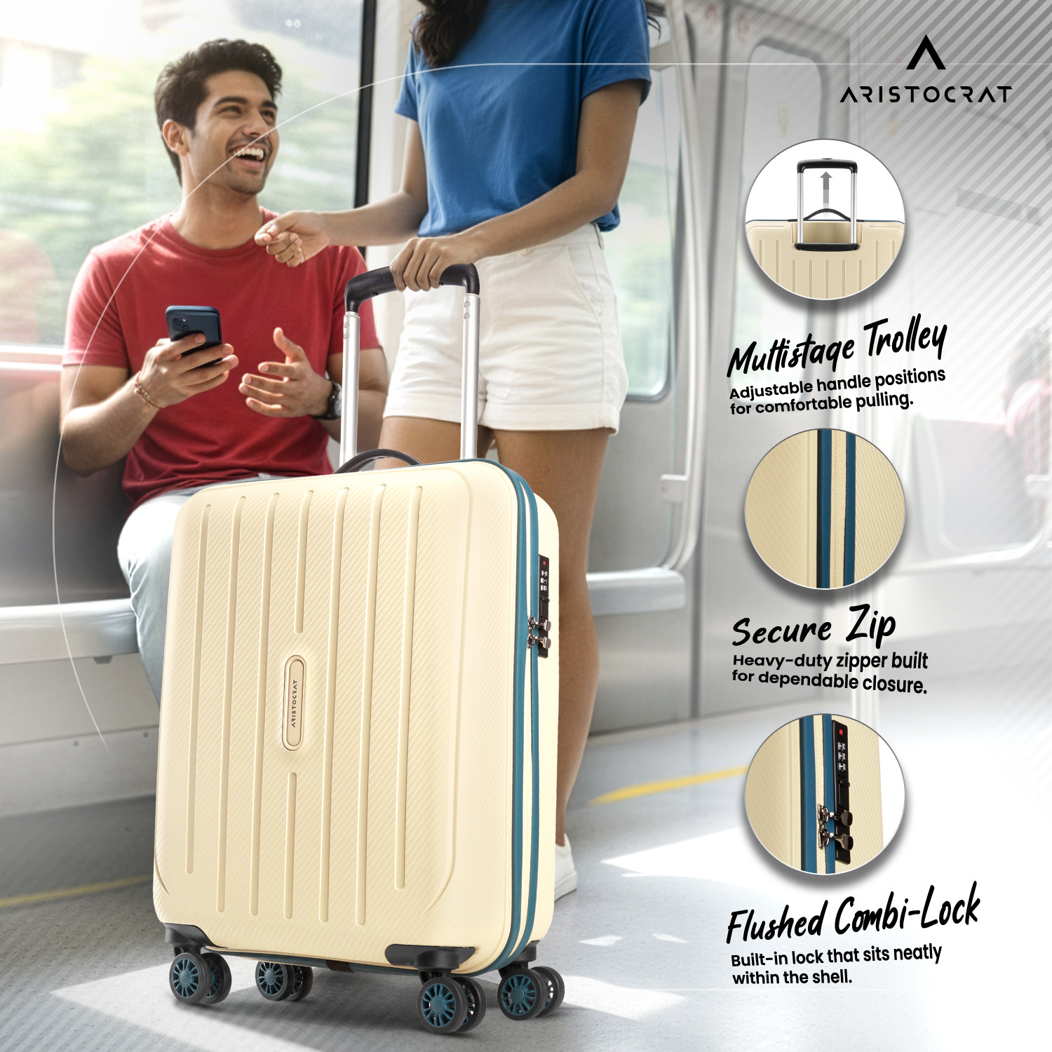 Image of ARISTOCRAT Photon Max Hard Side Luggage | Trolley Bag With Flushed Combination Lock Cabin Suitcase 4 Wheels - 22 Inch