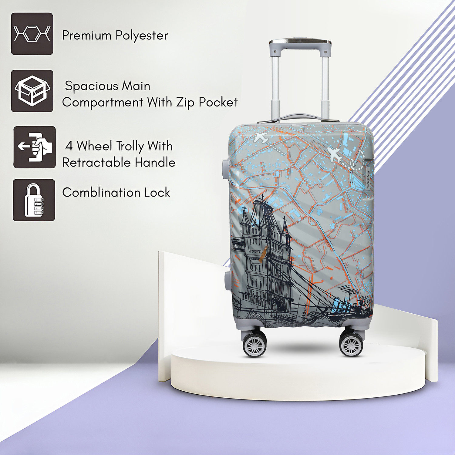 Image of Unplug Hard-Sided Polypropylene Suitcase Travel Trolley Bag Cabin Luggage Cabin Suitcase 8 Wheels - 20 inch