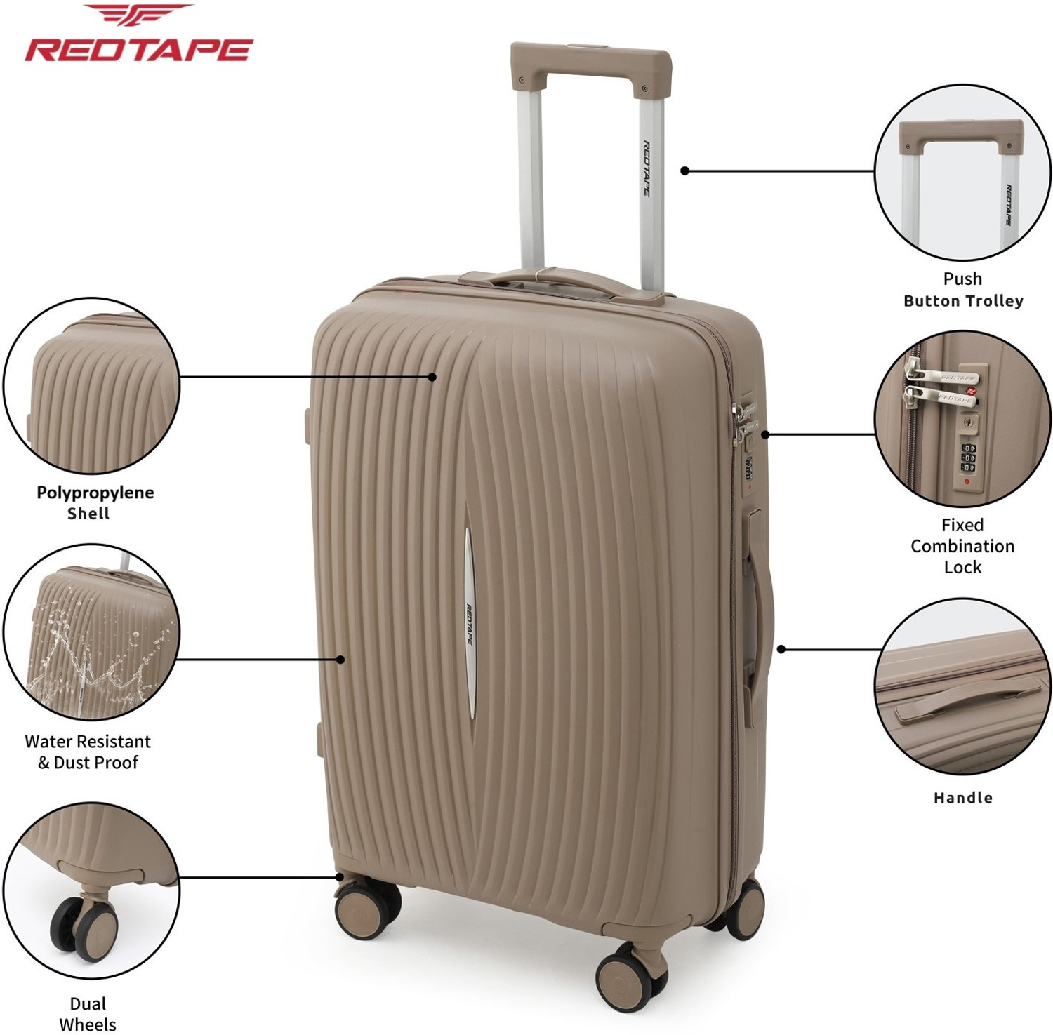Image of Red Tape Polypropylene Hard Trolley Bag (Large 75 cm + Medium 65 cm + Small 55 cm) Cabin & Check-in Set 8 Wheels - 28 inch