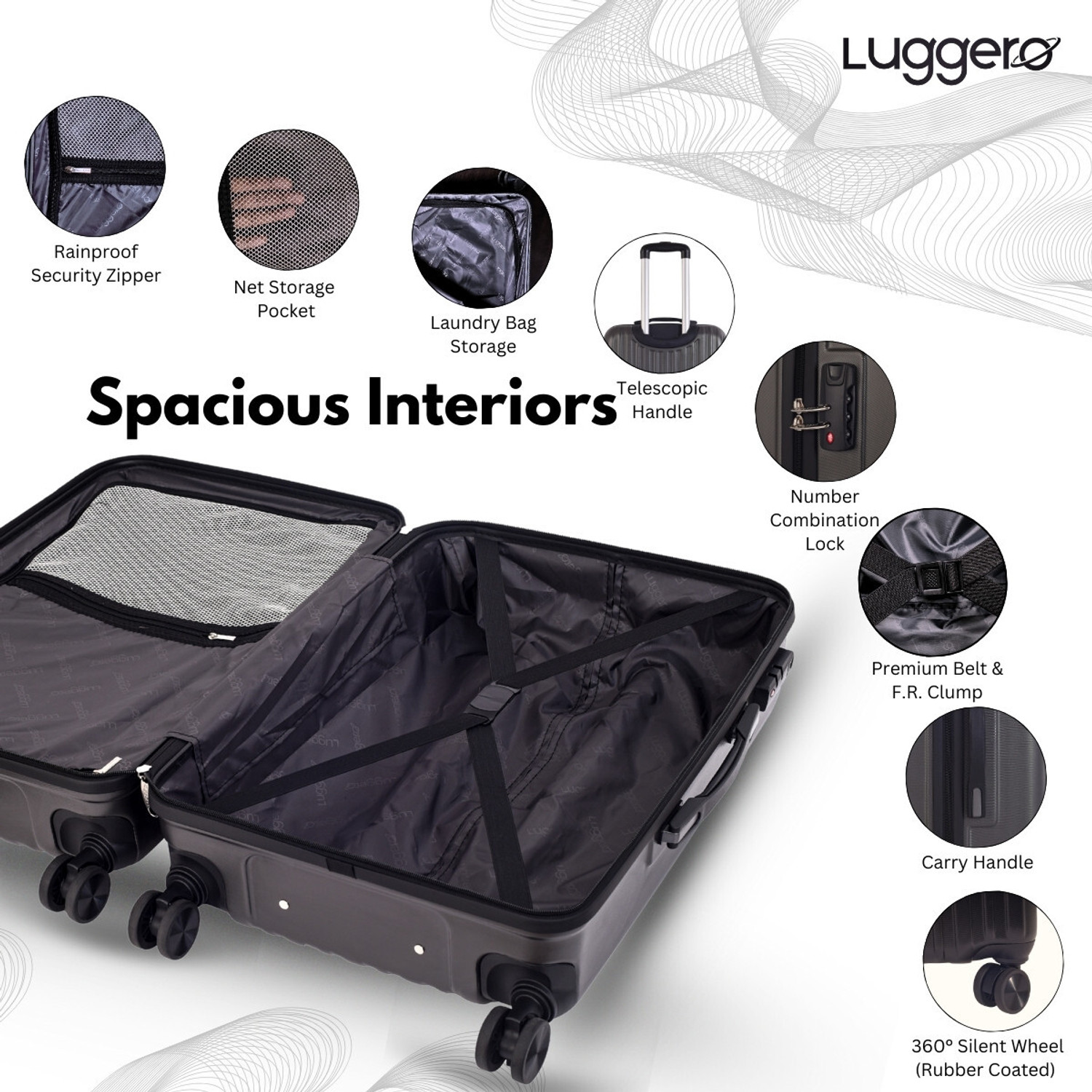 Image of Luggero CLASSIC Light-Weight & Durable Polycarbonate DARK GREY Hard Luggage Cabin & Check-in Set 8 Wheels - 28 inch