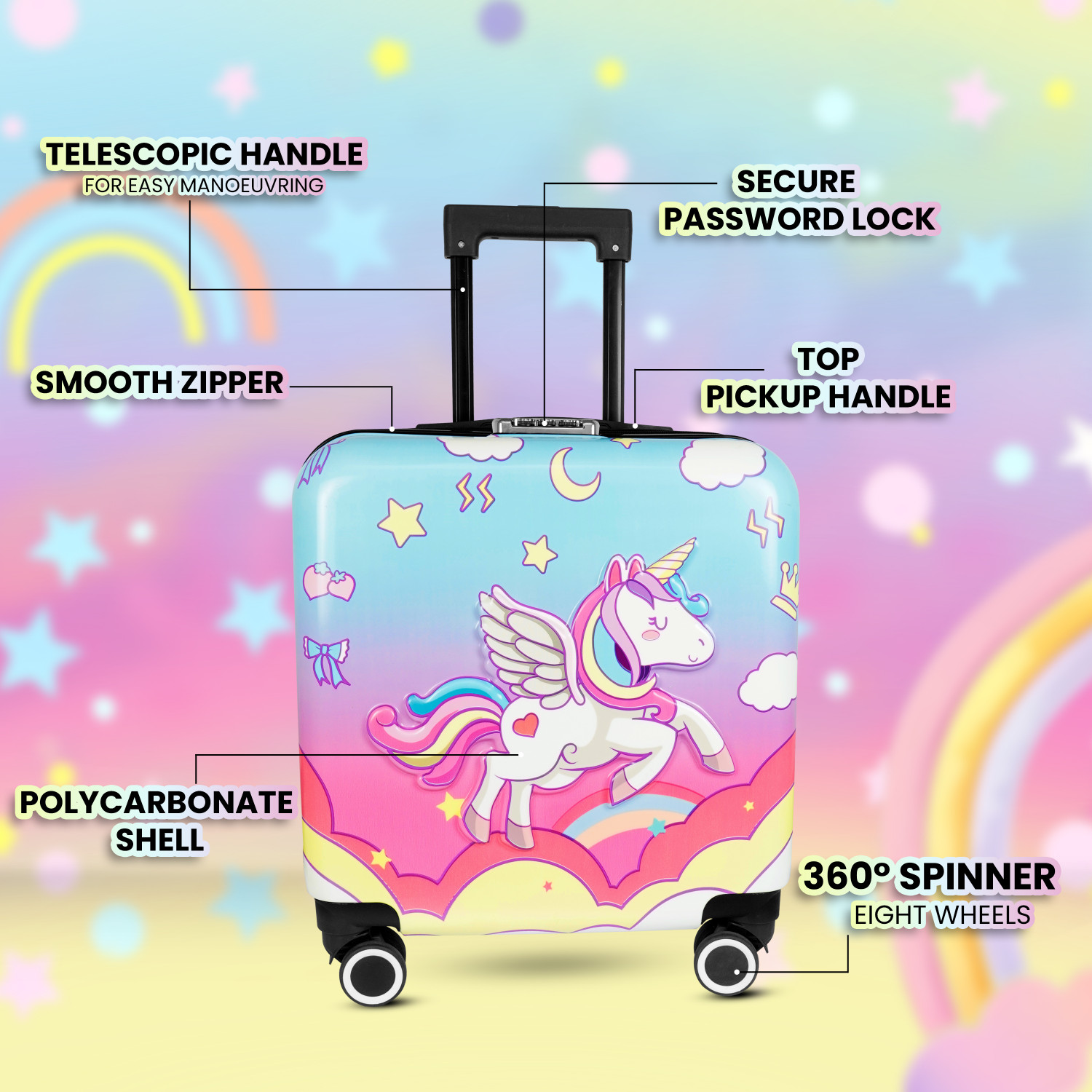 Image of STORITE Cute Unicorn Print 360 Spinner Trolly Luggage for Kids Cabin Suitcase 4 Wheels - 15 inch