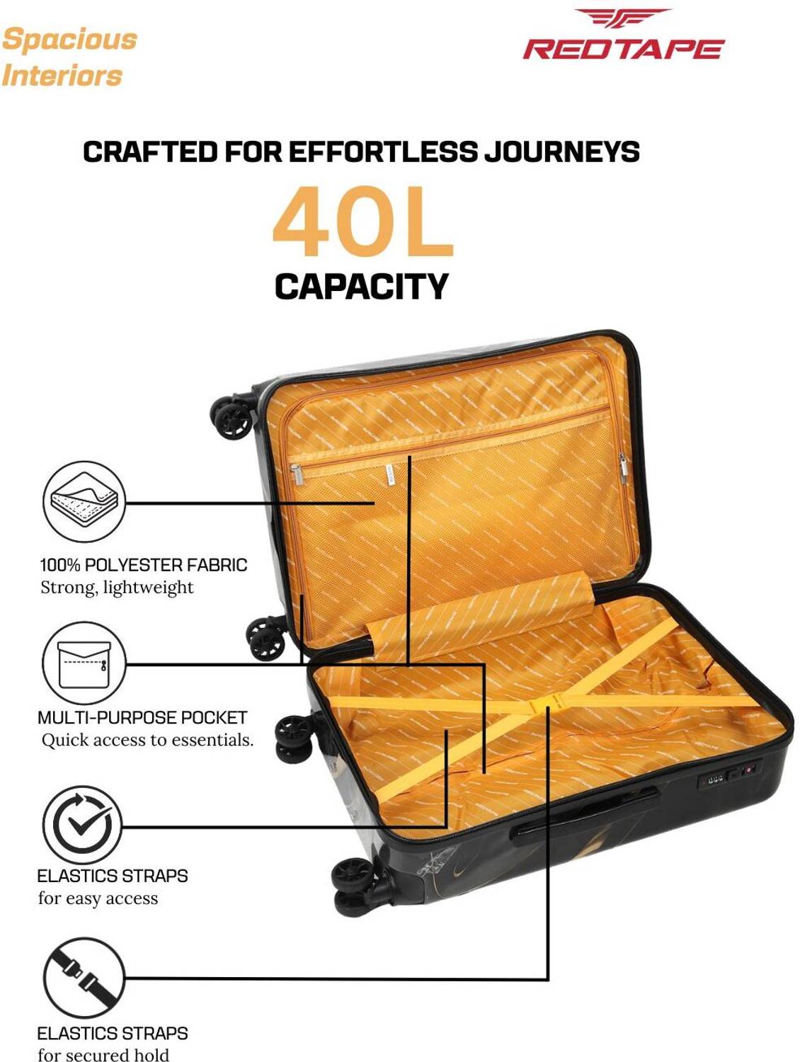 Red Tape 40L 20 inch Red Polycarbonate Hard Cabin Suitcase 8 Wheels - Image 4