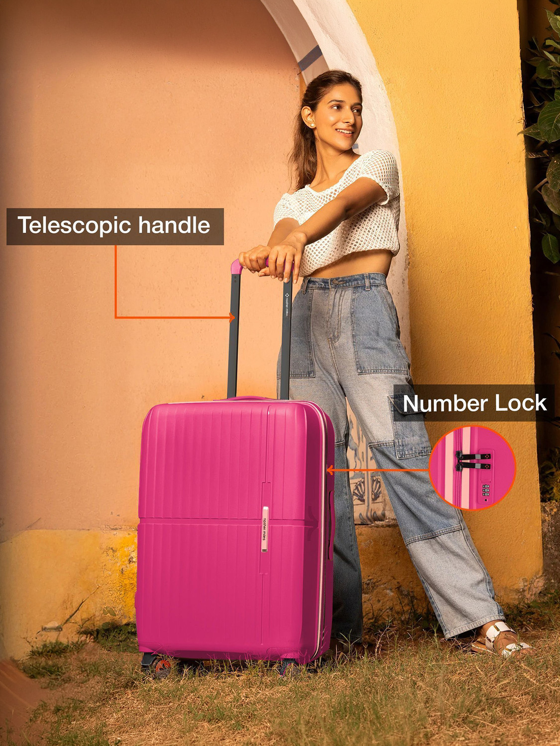 Image of NASHER MILES Springfield HardSide Polypropylene Luggage 3 Pink Trolley Bag(55,65&75cm) Cabin & Check-in Set 8 Wheels - 28 inch