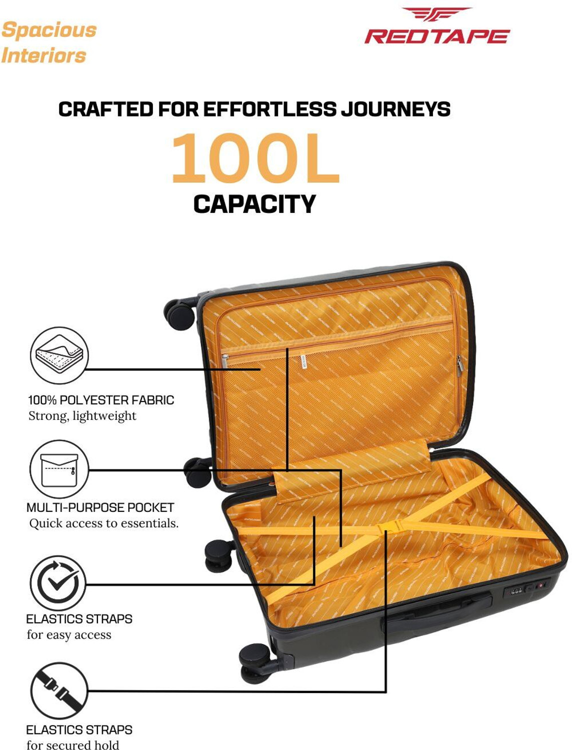Image of Red Tape Unisex 100L Polycarbonate Hard Large Check-in Trolley Bag (74 cm) Check-in Suitcase 8 Wheels - 28 inch