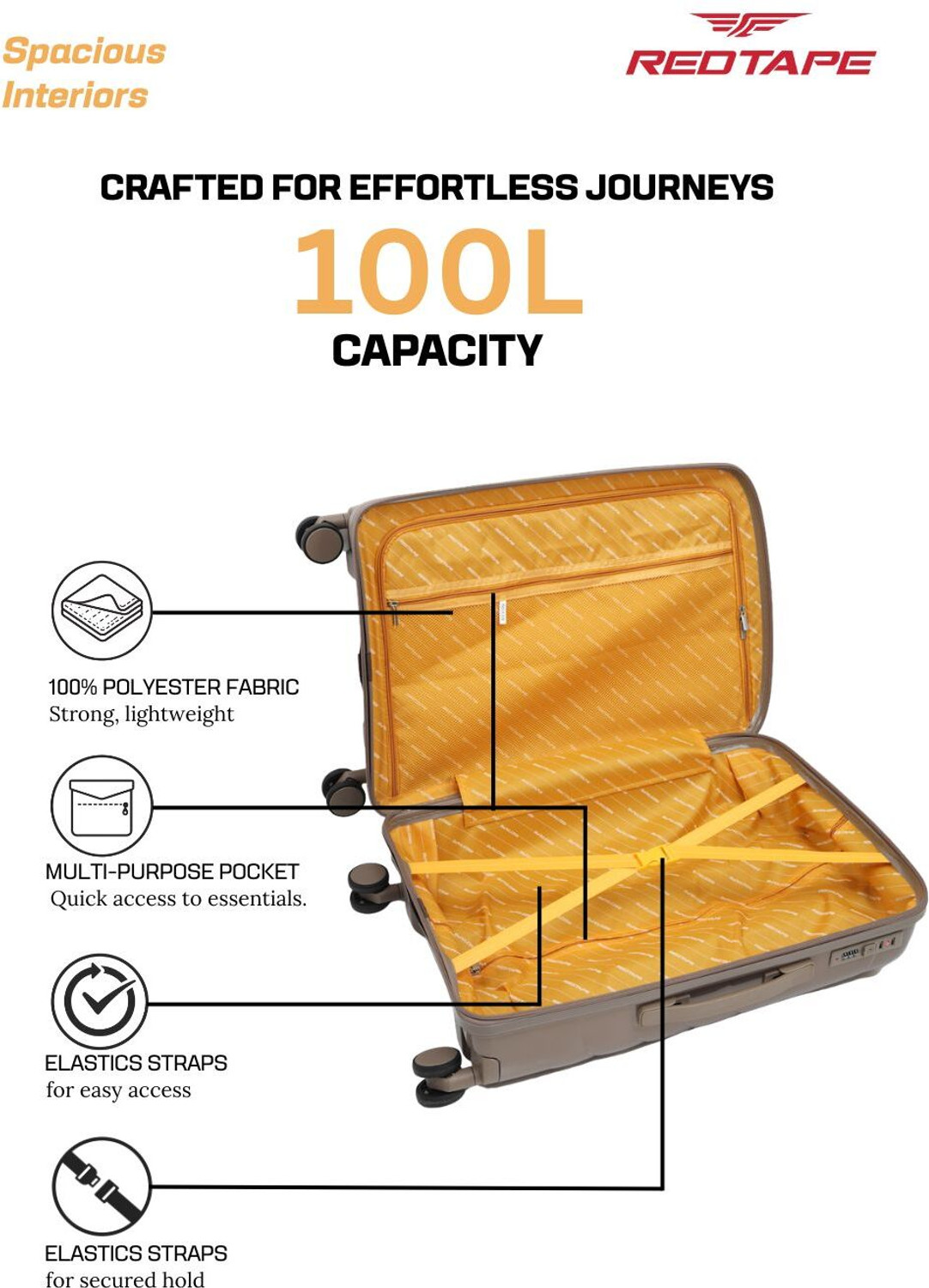 Image of Red Tape Unisex 100L Polycarbonate Hard Large Check-in Trolley Bag (74 cm) Check-in Suitcase 8 Wheels - 28 inch