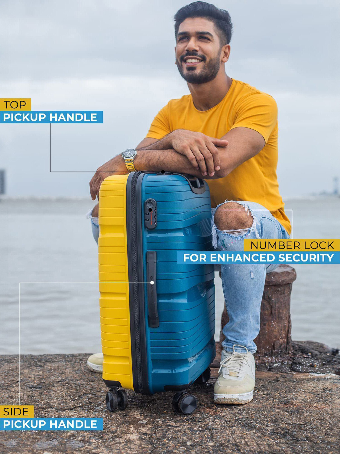 Image of NASHER MILES Nicobar Hard-Sided Dual Tone Luggage Set of 3 YellowandNavyBlue(55, 65 & 75 cm) Check-in Suitcase 8 Wheels - 28 inch