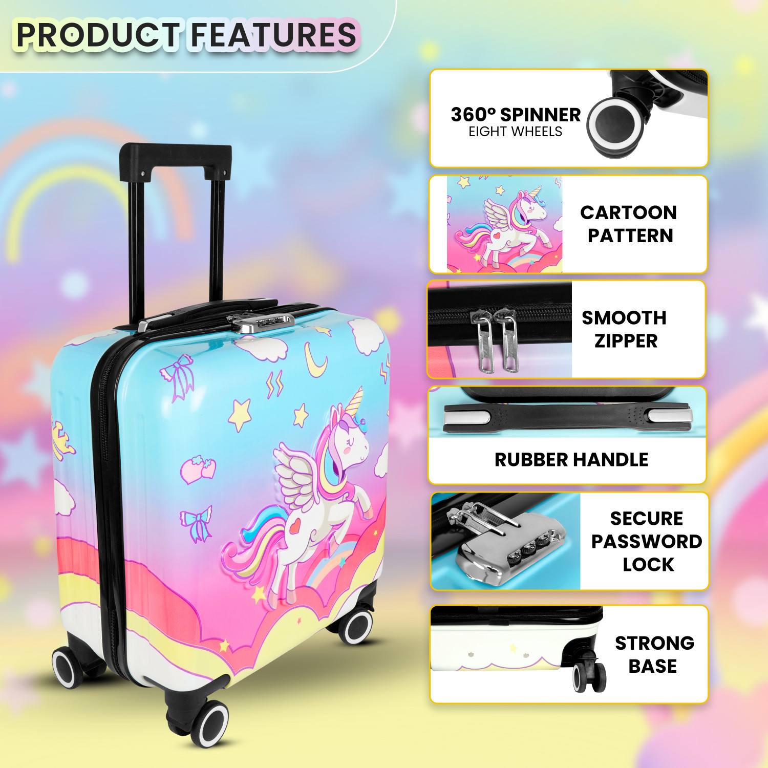 Image of STORITE Cute Unicorn Print 360 Spinner Trolly Luggage for Kids Cabin Suitcase 4 Wheels - 15 inch