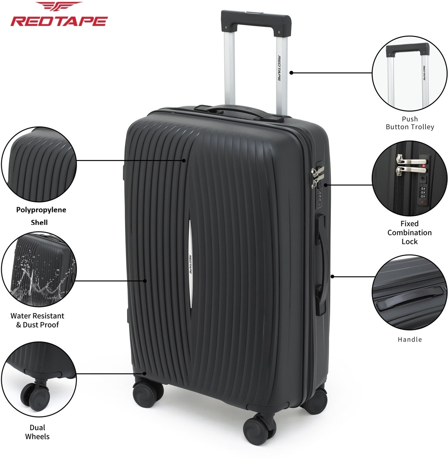 Image of Red Tape Unisex 100L Polypropylene Hard Trolley Bag Check-in Suitcase 8 Wheels - 28 inch