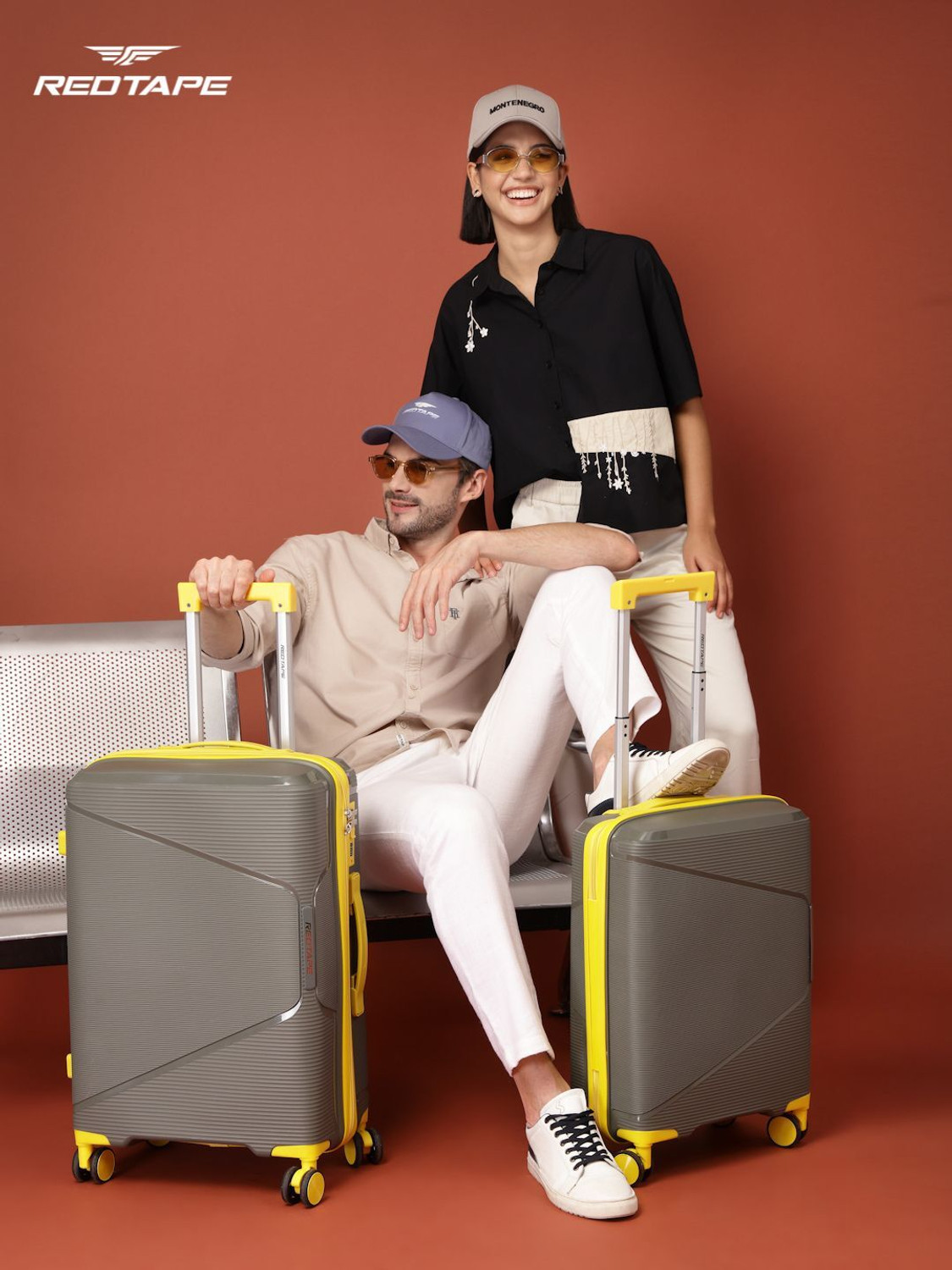 Image of Red Tape Unisex 100 % PP Hard Trolley Bag With Mobile Holder (Medium 64 cm + Small 54 cm) Cabin & Check-in Set 8 Wheels - 24 inch