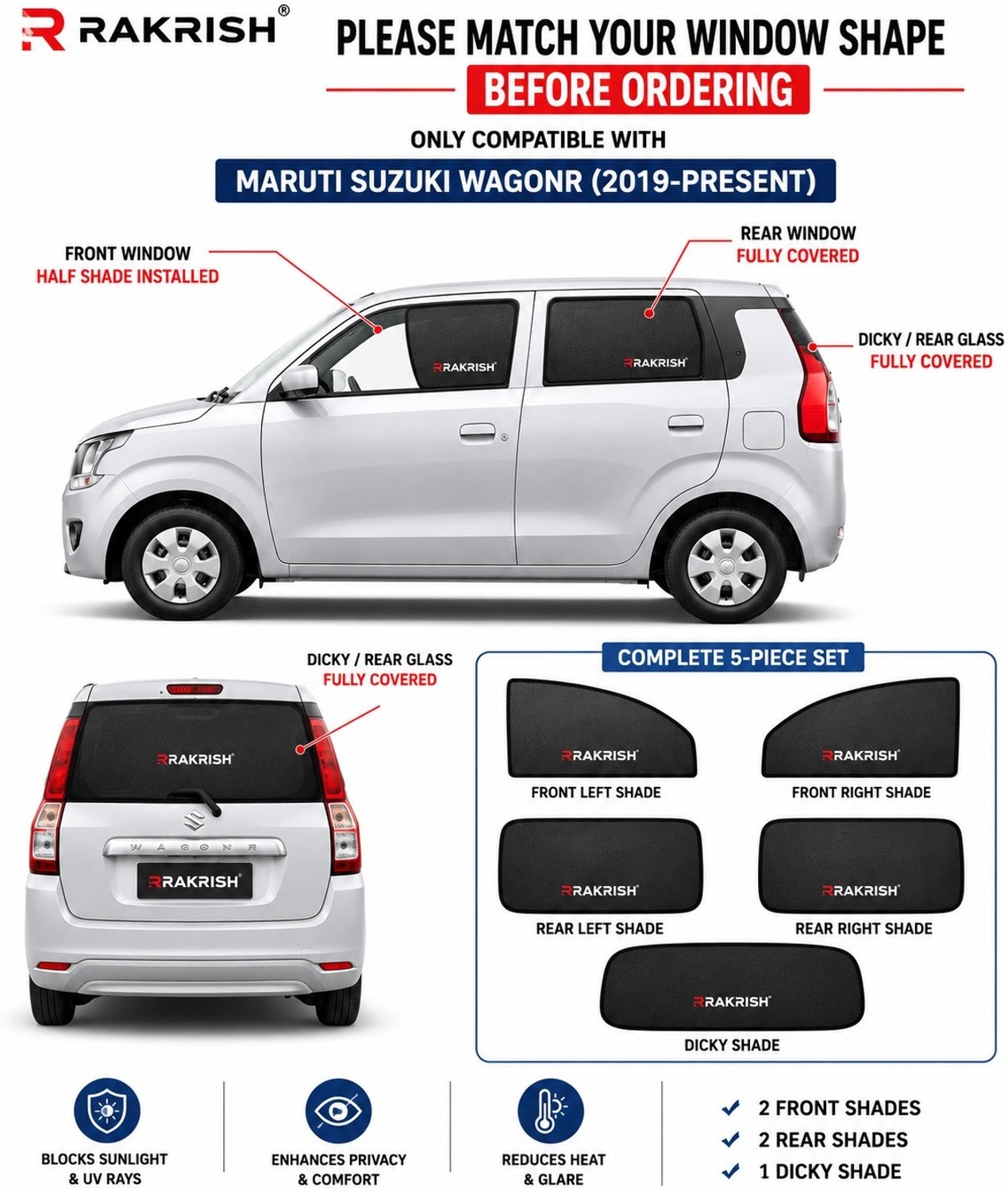 Image of RAKRISH Rear Window, Side Window Sun Shade For Maruti Suzuki WagonR