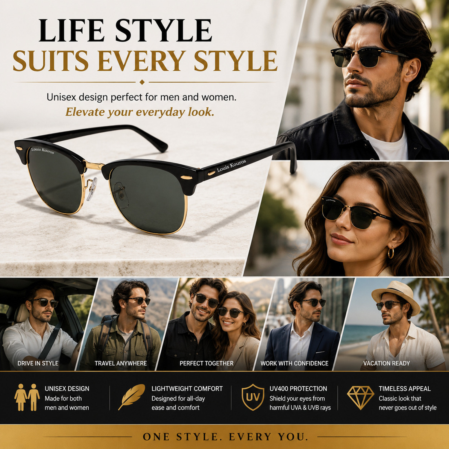 Image of LOUIS KOUROS UV Protection, Riding Glasses, Mirrored, Toughened Glass Lens, Night Vision Wayfarer, Retro Square Sunglasses (53) (For Men & Women, Black)