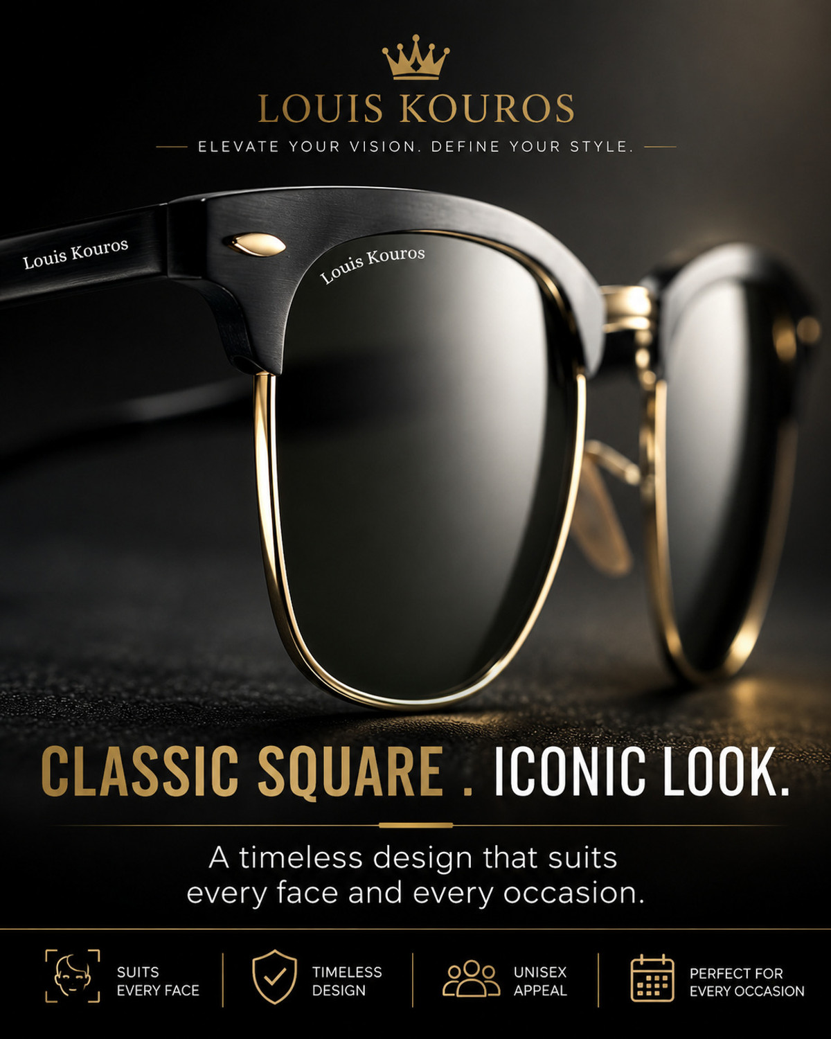 Image of LOUIS KOUROS UV Protection, Riding Glasses, Mirrored, Toughened Glass Lens, Night Vision Wayfarer, Retro Square Sunglasses (53) (For Men & Women, Black)