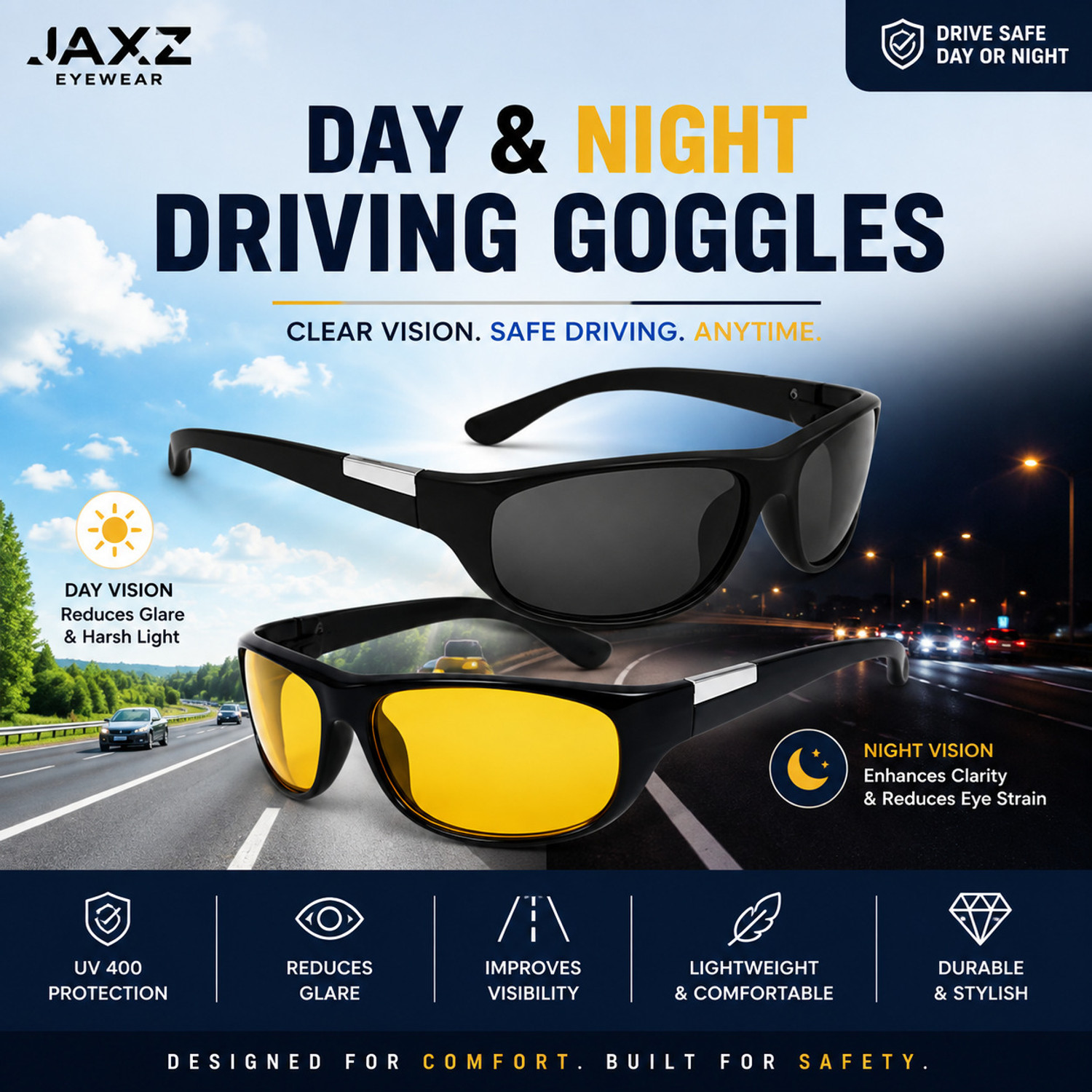 Image of Jaxz Eyewear Riding Glasses, Night Vision, UV Protection, Others Rectangular, Sports Sunglasses (Free Size) (For Men & Women, Black, Yellow)
