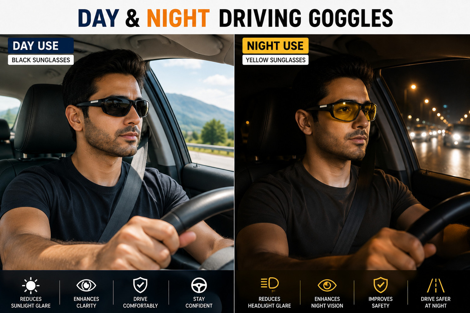 Image of Jaxz Eyewear Riding Glasses, Night Vision, UV Protection, Others Rectangular, Sports Sunglasses (Free Size) (For Men & Women, Black, Yellow)