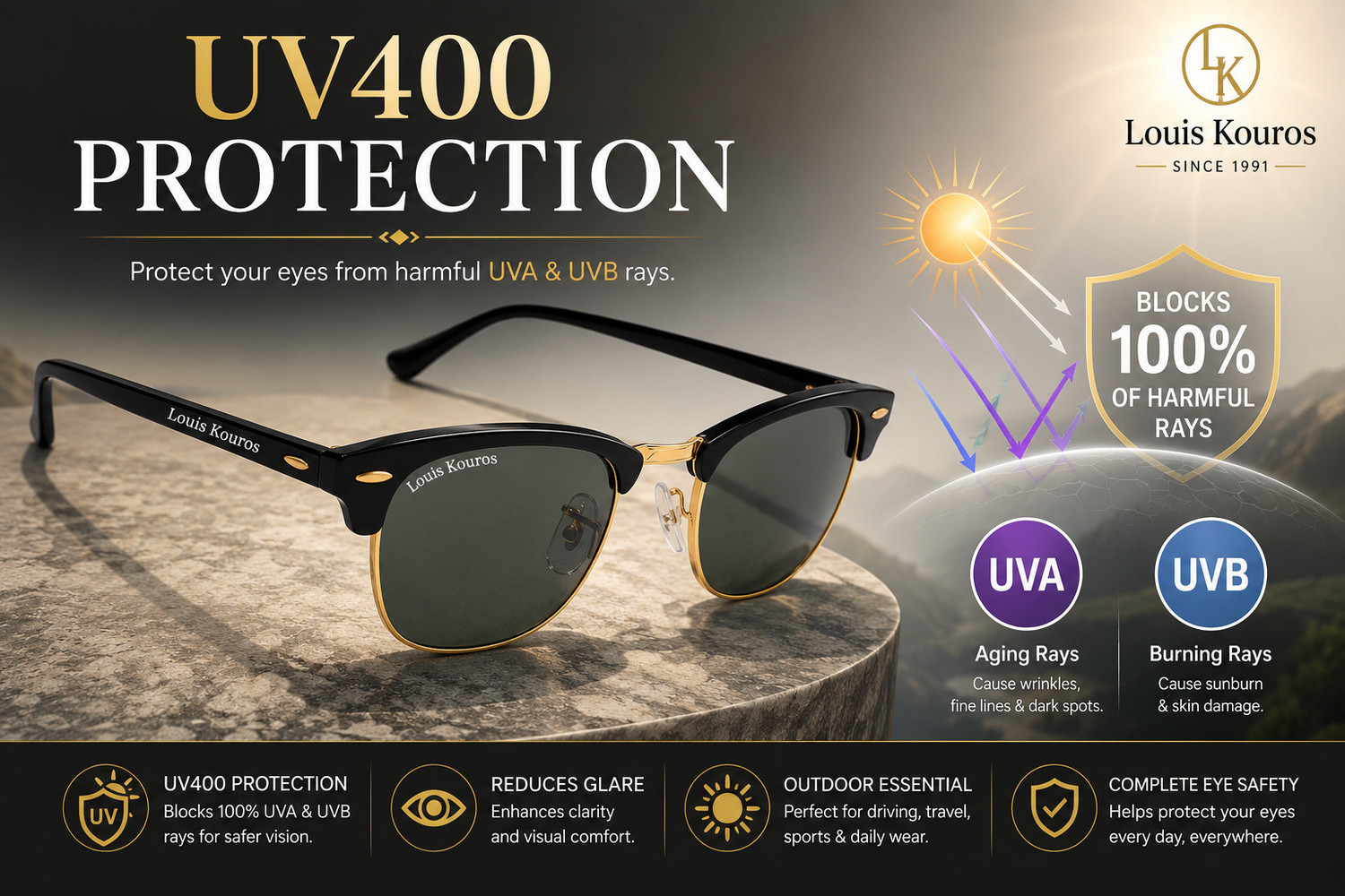 Image of LOUIS KOUROS UV Protection, Riding Glasses, Mirrored, Toughened Glass Lens, Night Vision Wayfarer, Retro Square Sunglasses (53) (For Men & Women, Black)