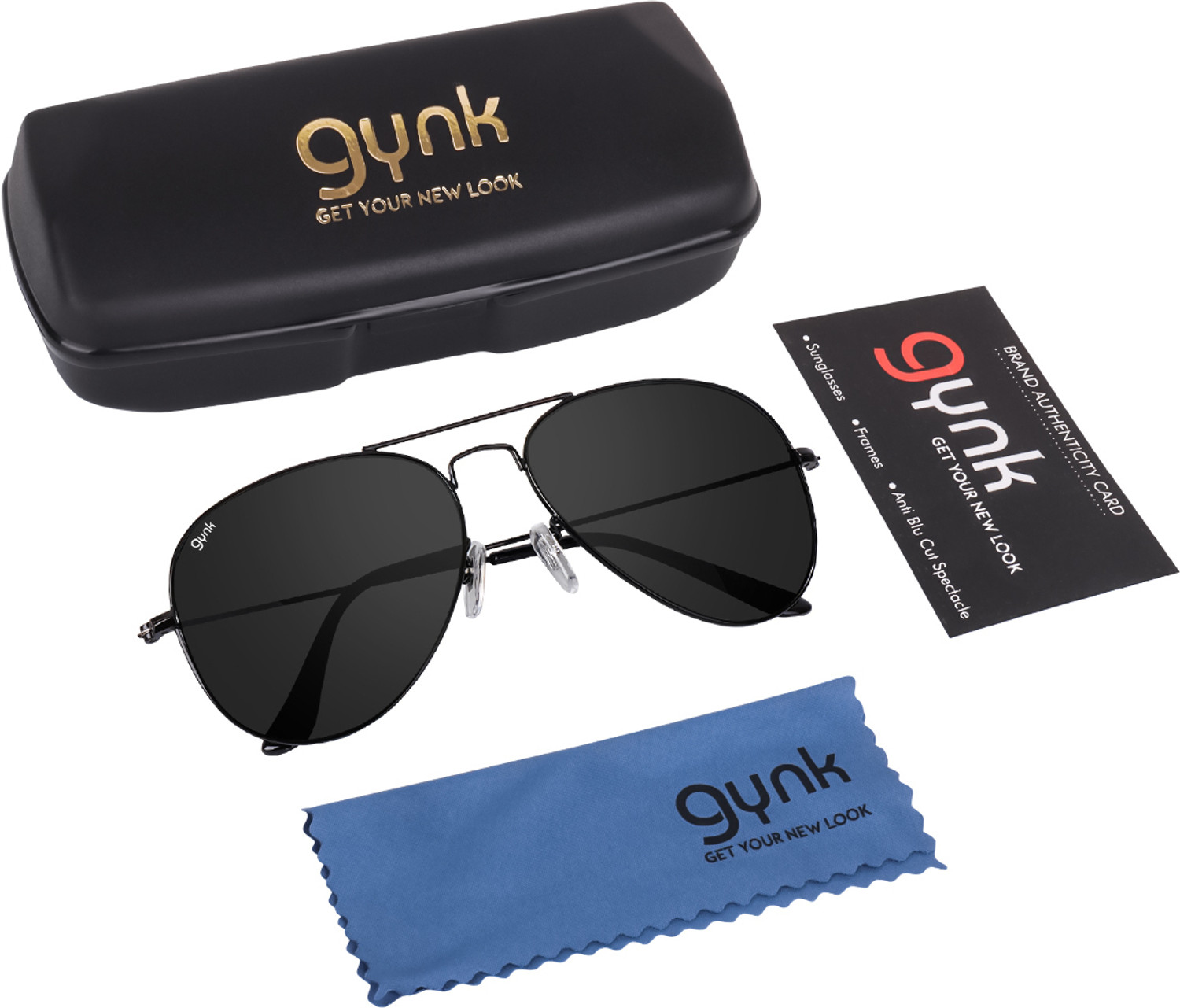 Image of Gynk Toughened Glass Lens, UV Protection, Riding Glasses Aviator Sunglasses (62) (For Men & Women, Black)