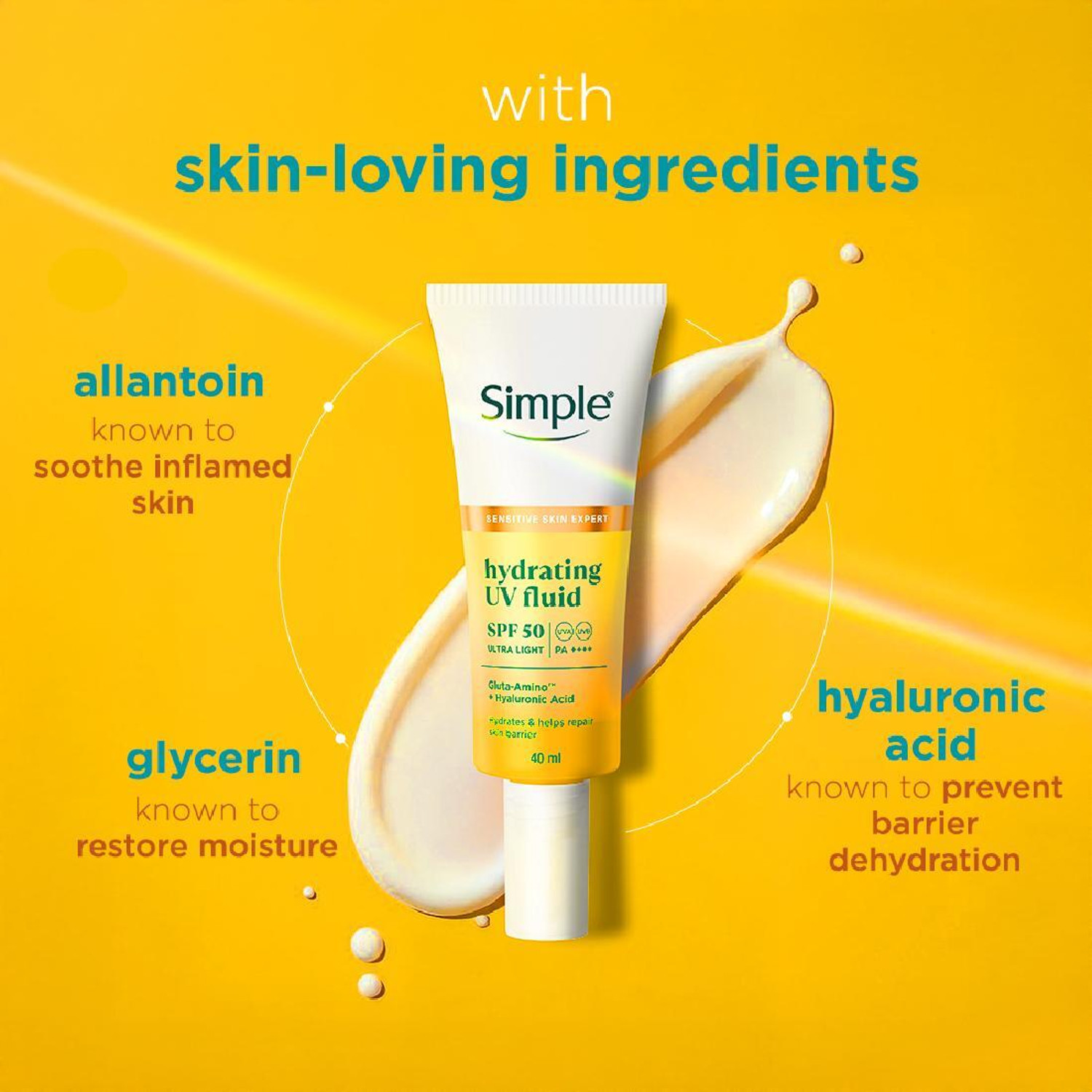 Image of Simple Sunscreen - SPF 50 PA++++ Hydrating UV Fluid Hyaluronic Acid for dry & sensitive skin