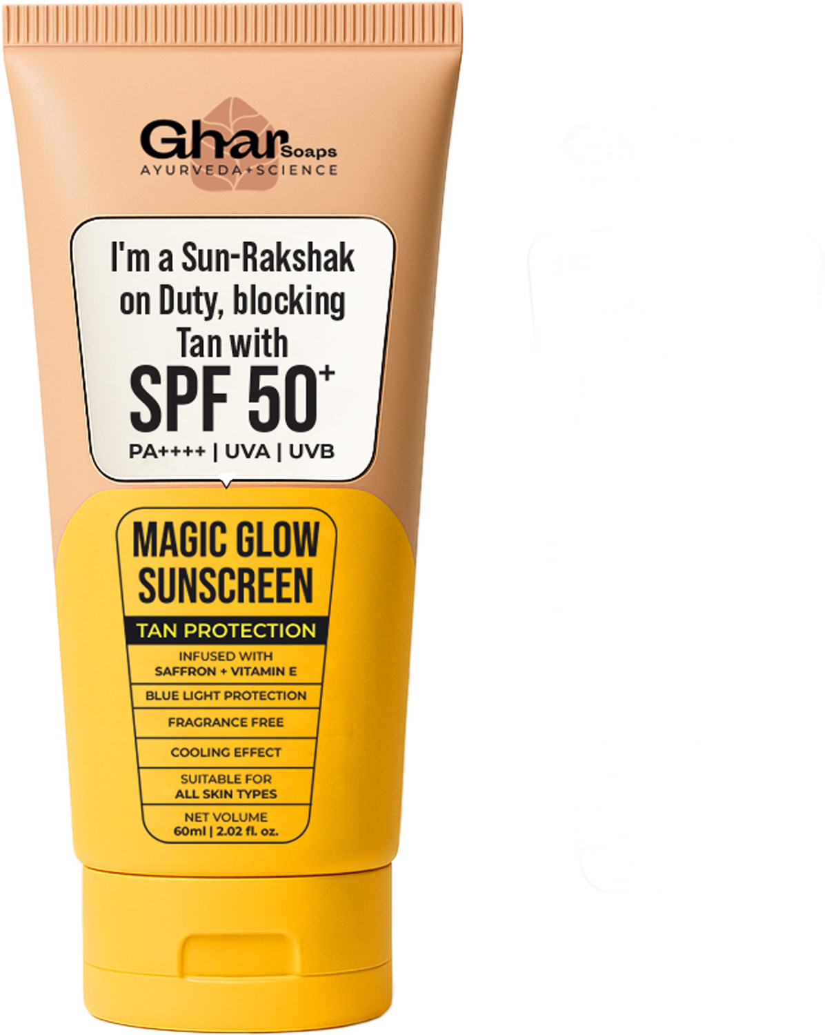Image of Ghar Soaps Sunscreen - SPF 50 PA++ Magic Glow Sunscreen, SPF 50+ UVA /UVB Protection, Saffron & Vitamin E, 60ml